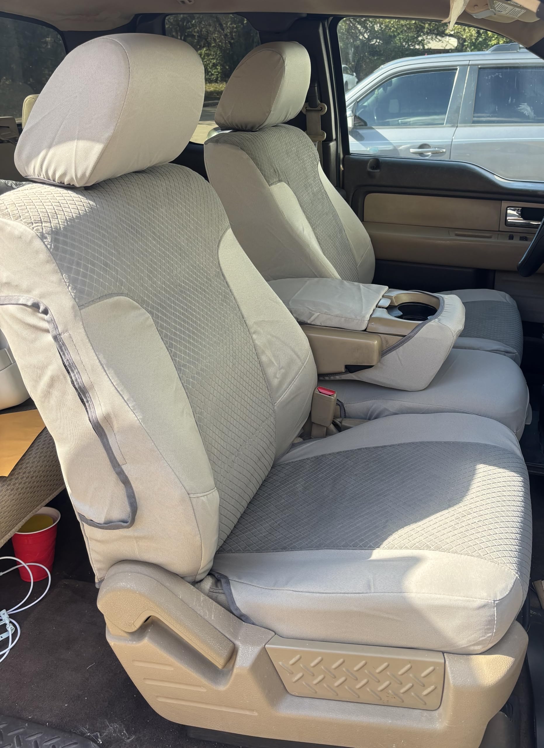 Made to fit 2009-2010 F150 XLT Exact Fit Seat Covers Front 40/20/40 Split Bench Seat Covers in Gray Twill.