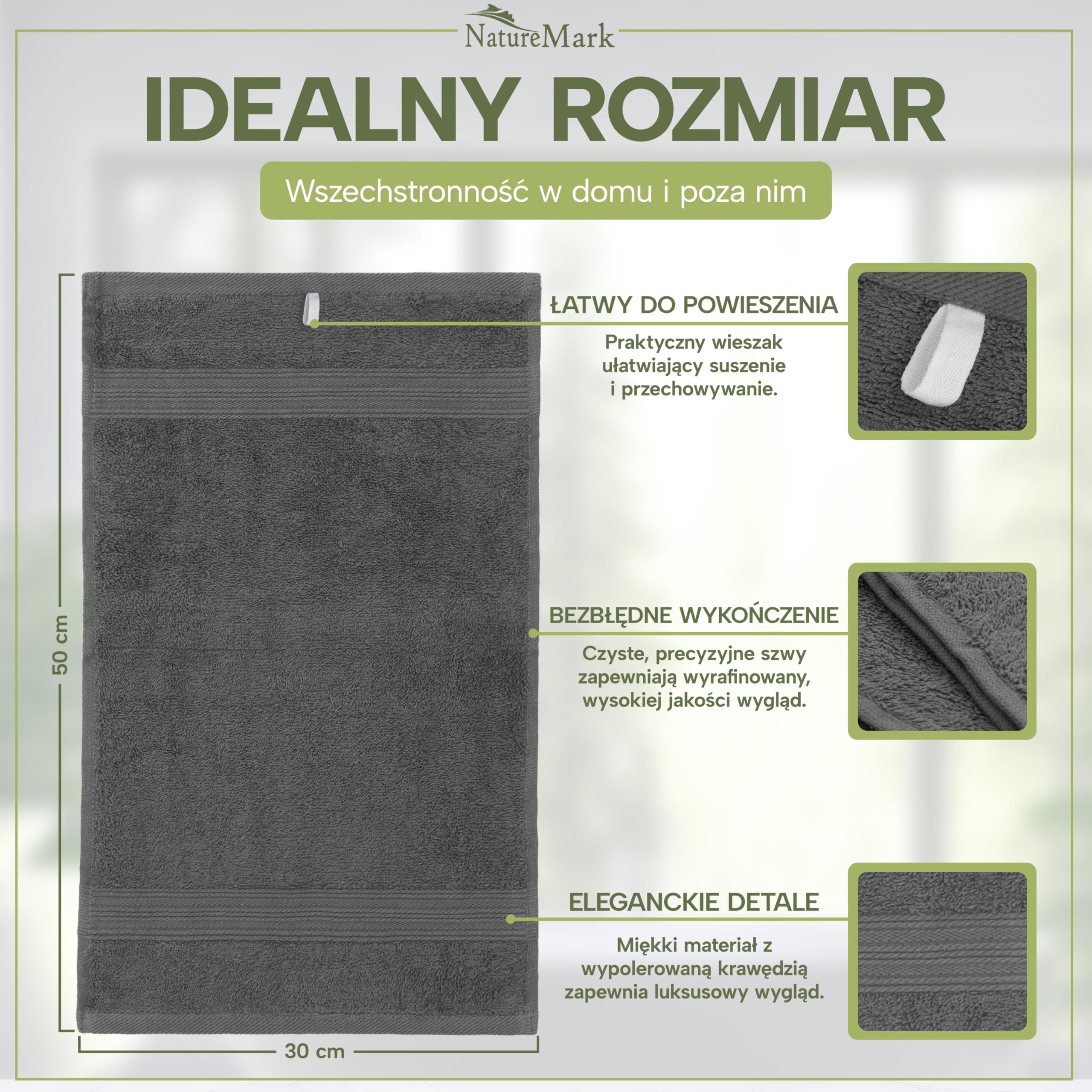 NatureMark Ręczniki gościnne – Zestaw 12 sztuk (30x50 cm), 100% bawełna, certyfikat Oeko-Tex, miękkie, chłonne i łatwe w pielęgnacji – Do łazienki, dla gości i spa – Kolor Antracyt/Szary
