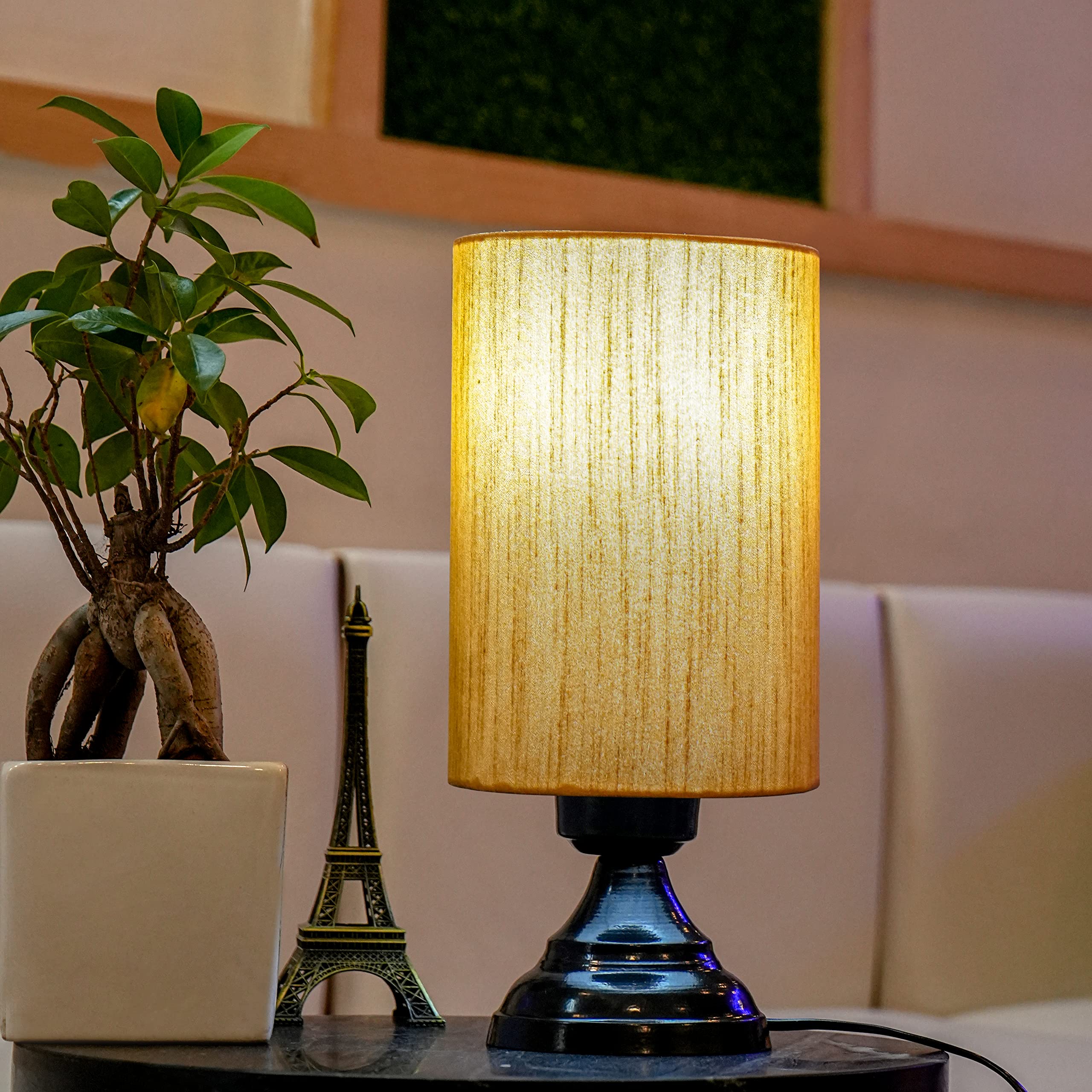 Blue Cotton Round Table Lamp for Bedroom, Living Room - LED Desk Lamp, Night Light, Home Decor, Bedside Lamp (Brown)