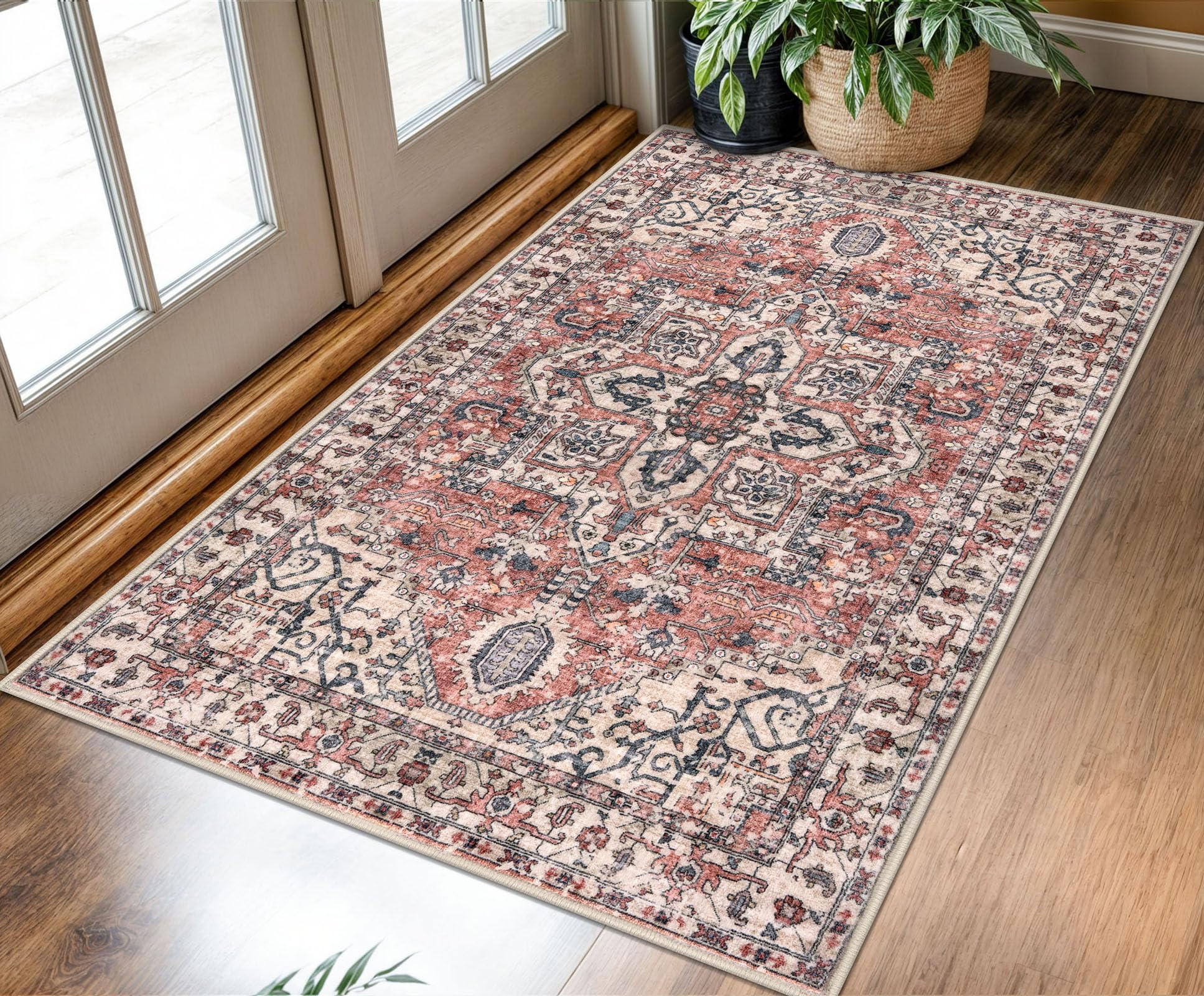 KOZYFLY Boho Area Rug 3x5 Ft Rugs for Entryway Washable Entry Rug Non Slip Door Mat Indoor Entrance Printed Faux Wool Throw Rugs for Entrance Kitchen Living Room, Terracotta/Beige โ image 1