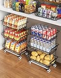 3-Tier Rolling Pantry Floor Organizer and Storage Cart with Wheels, Stackable Wire Pantry Baskets for Pantry Shelves, Kitchen Fruit Basket Stand and Storage Rack for Fruit Snack Onion Potato