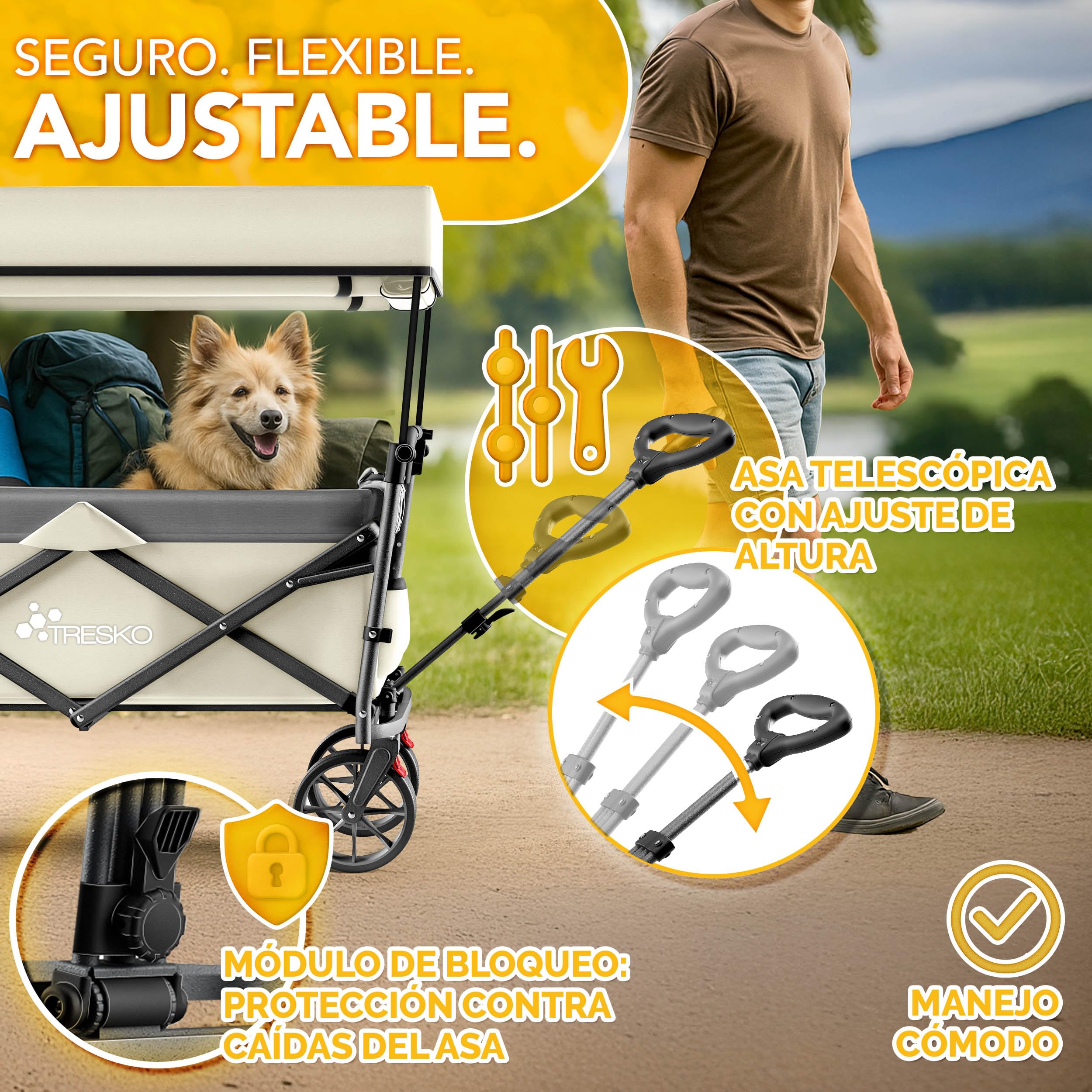 TRESKO® Carro Plegable con Techo, Compartimento de refrigeración y Ruedas Laterales, Carro de Mano máx. soporta hasta 150 kg, Carro de Transporte con neumáticos de Goma Maciza, Frenos