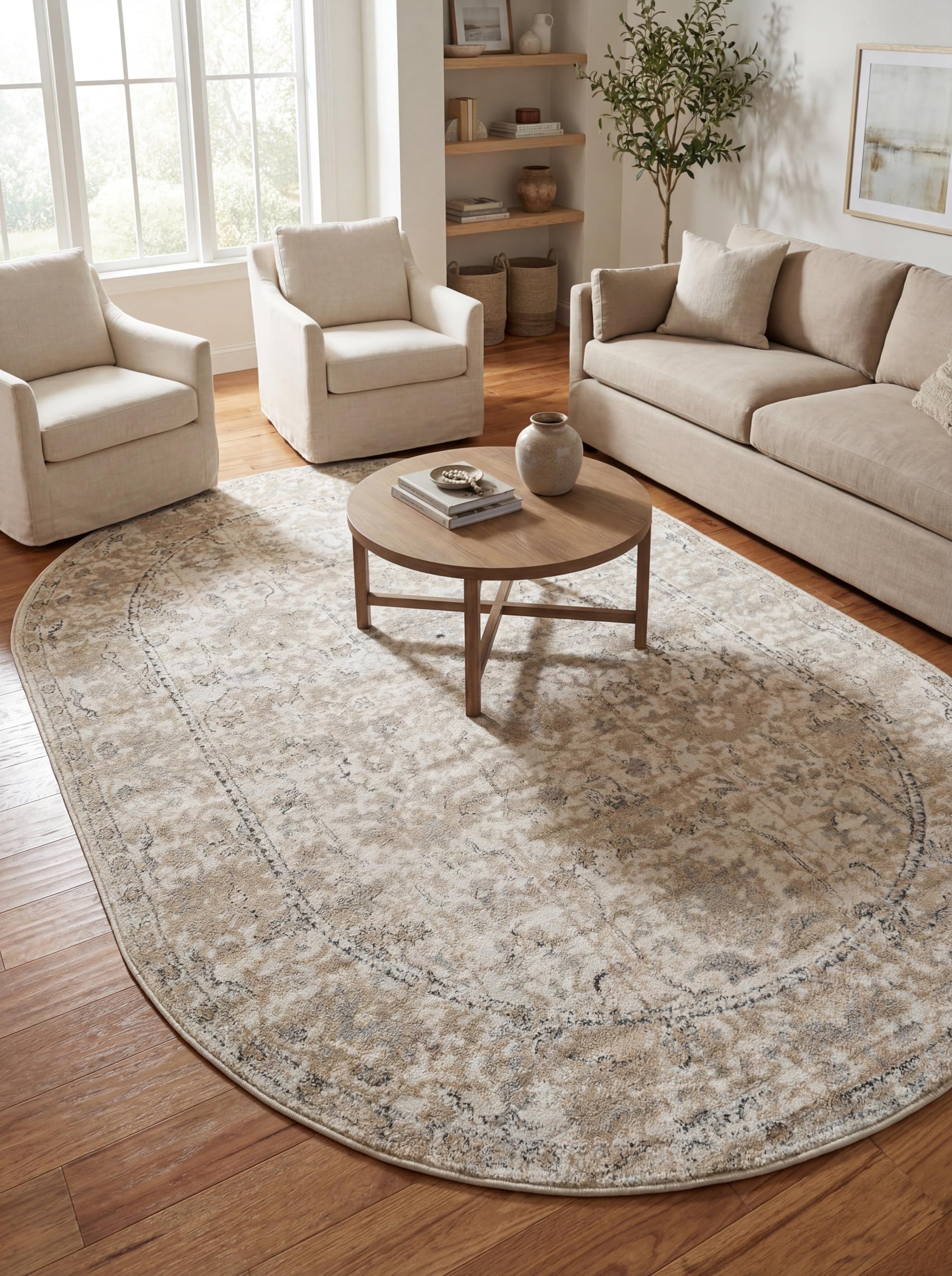 Rugs.com Oregon Collection Rug – 5x8 Oval Ivory Low-Pile Rug Perfect for Living Rooms, Large Dining Rooms, Open Floorplans
