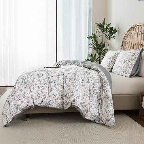 Miniatura 4 de HoneiLife Juego de funda de edredón floral 100% algodón, 3 piezas, suave, ropa de cama botánica con cierre de cremallera y lazos en las esquinas,