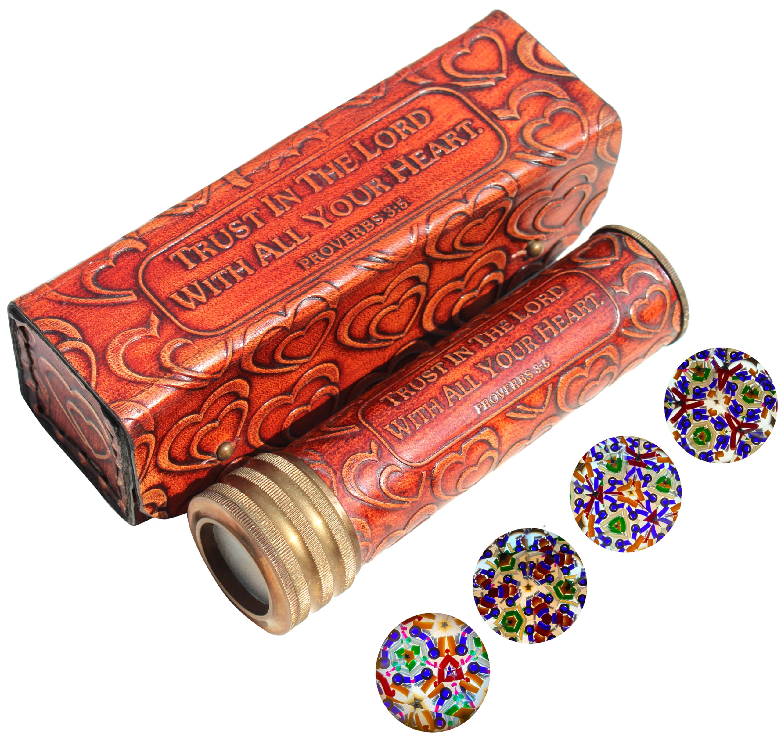 Handmade Brass Kaleidoscope with Leather Box (Trust in The Lord) Vintage Look - Antique Finish - Kaleidoscope for Kids Friends Children Valentine’s Day Gift