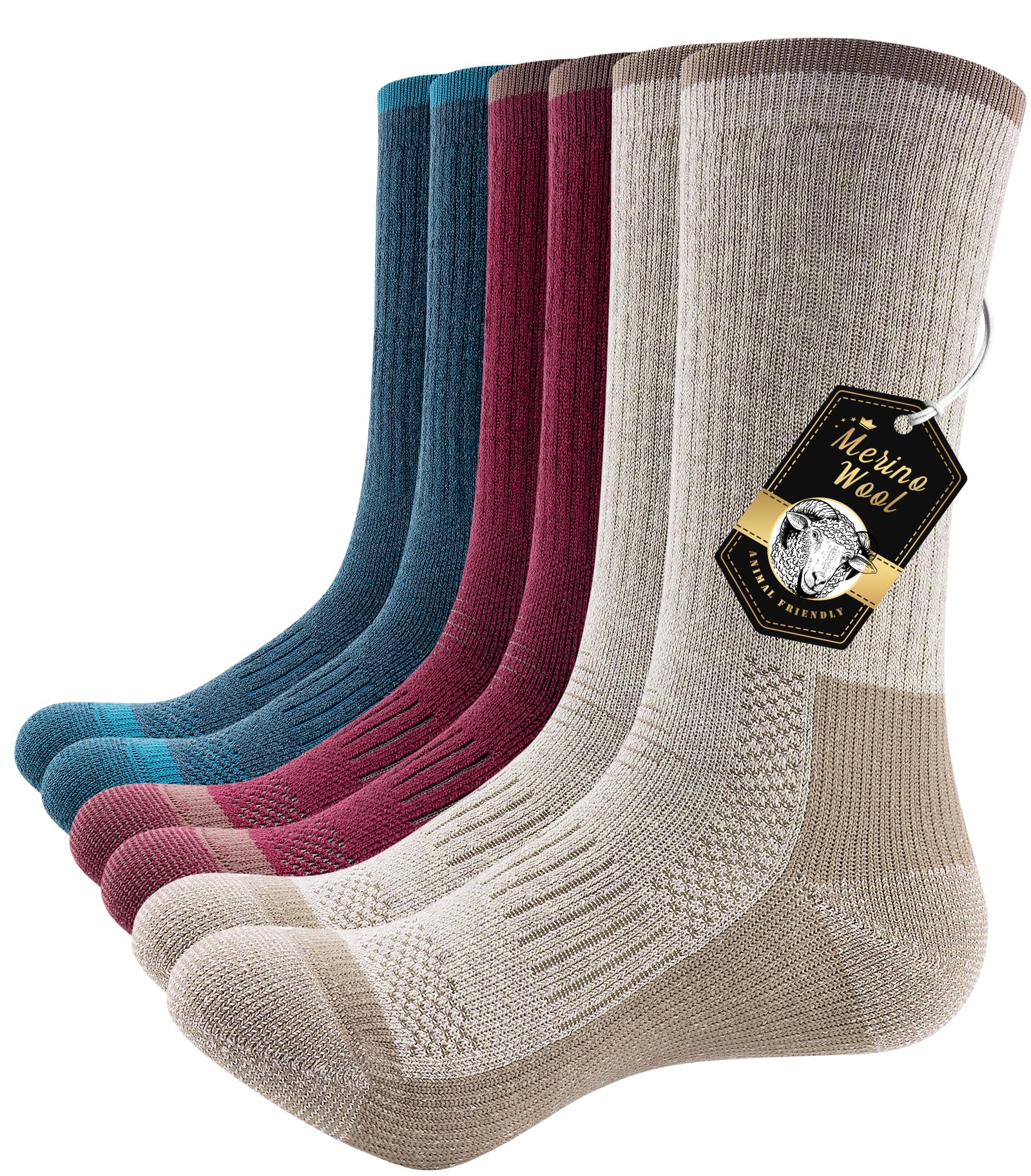 PULIOU Merino Wandersocken Herren Damen, Outdoor Trekkingsocken Merinowolle Sportsocken Atmungsaktiv & Anti-Blasen Gepolstert Laufsocken Arbeitssocken, 3 Paar