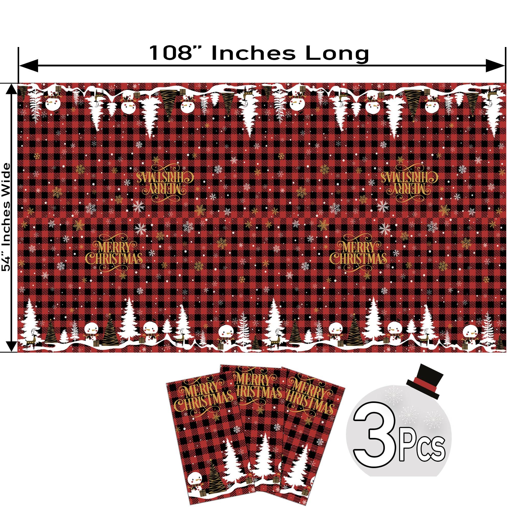 BASHOUT Weihnachtliche Kunststoff-Tischdecke, 3 Stück (137,2 cm breit x 274,3 cm lang), rechteckige Tischdecke, Schneemann, Frohe Weihnachten, Partydekoration, Tischdecke