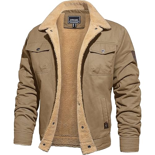 CRYSULLY Men's Winter Cargo Jacket Fur Collar Fleece Casual Warm Cotton Military Coat