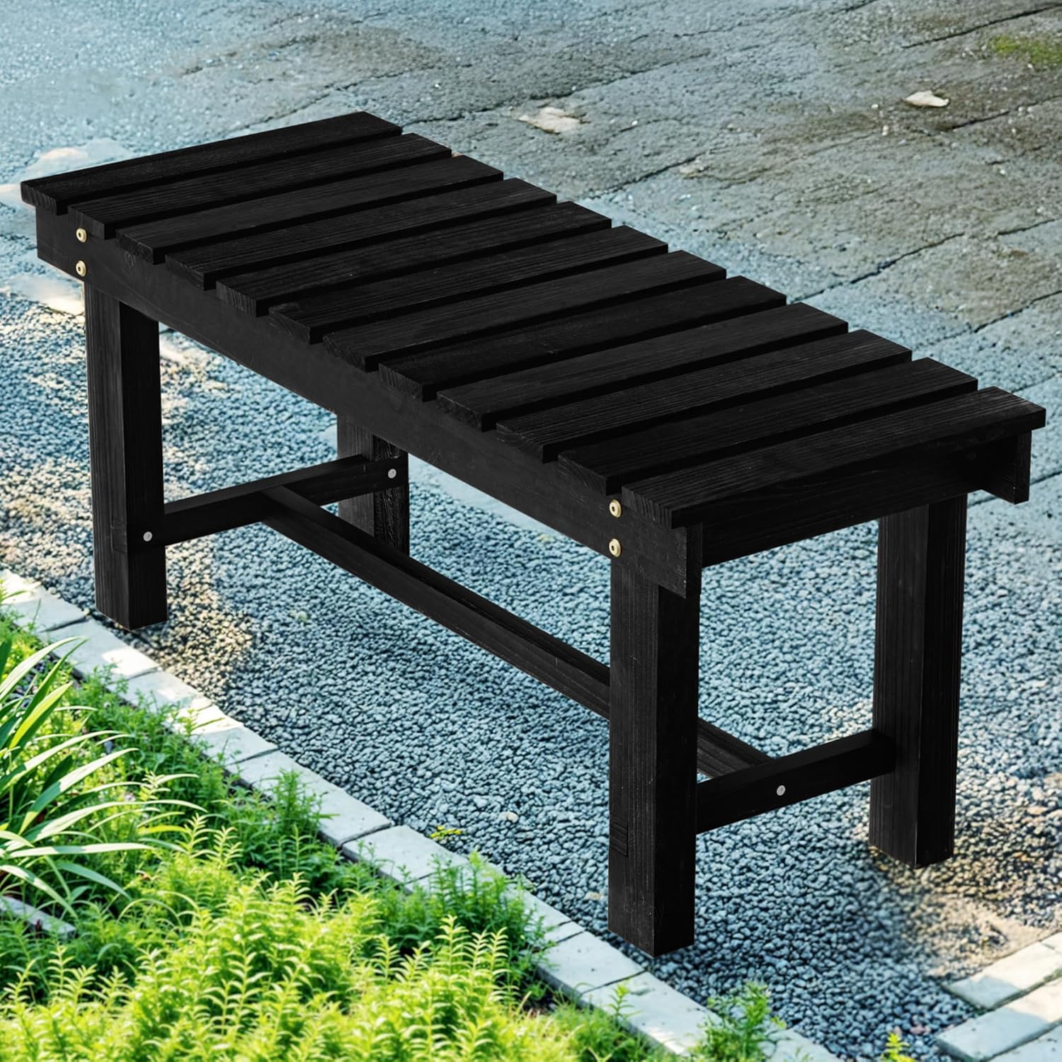 Nidouillet Outdoor Garden Bench, Weatherproof Patio Benches 2-Person Seat Backless Wooden Porch Bench, Multifunctional Slat All Weather Bench for Garden Lawn Porch Park Backyard (Black, 35.5 inch) Black 35.5 inch