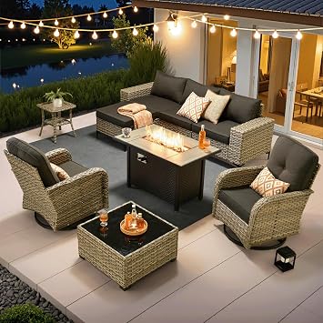 ovios 9-Piece Patio Furniture Set with L-Shape Sofa Chaise, Outdoor Sectional Couch Swivel Gliders Fire Pit Table, Modern Modular Wicker Rattan Conversation Set, Black