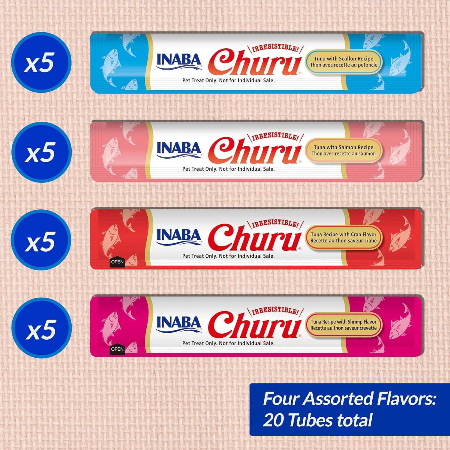 INABA Churu Cat Treats, Grain-Free, Lickable, Squeezable Creamy Purée Cat Treat/Topper with Vitamin E & Taurine, 0.5 Ounces Each Tube, 20 Tubes, Tuna & Seafood Variety Box