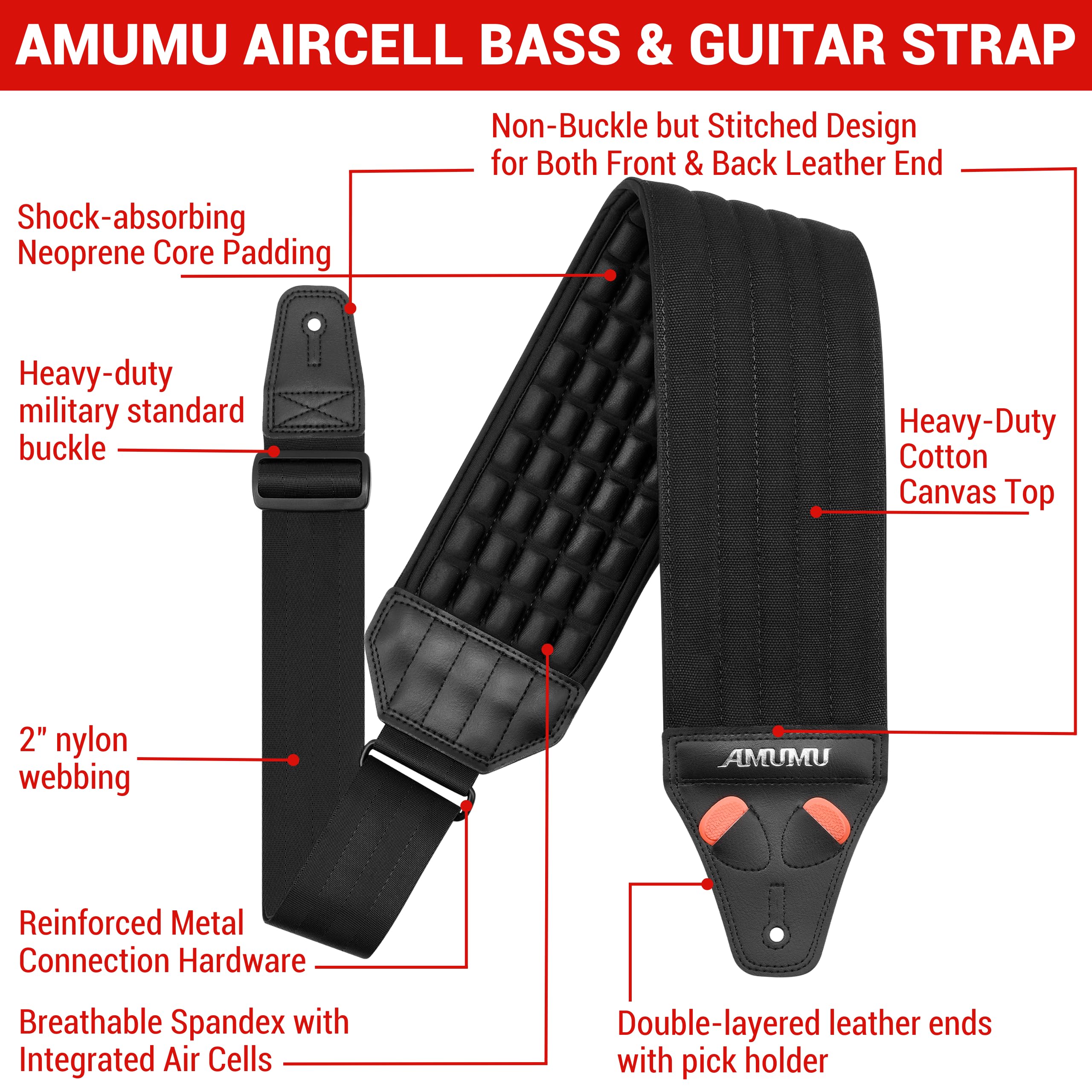 Amumu AIRAFT Bass & Guitar Strap 4'' Ultra Wide - 0,7'' Thick Breathable Convex 3D Air Cell Cushions - Neoprenowe wyściełanie - Black'