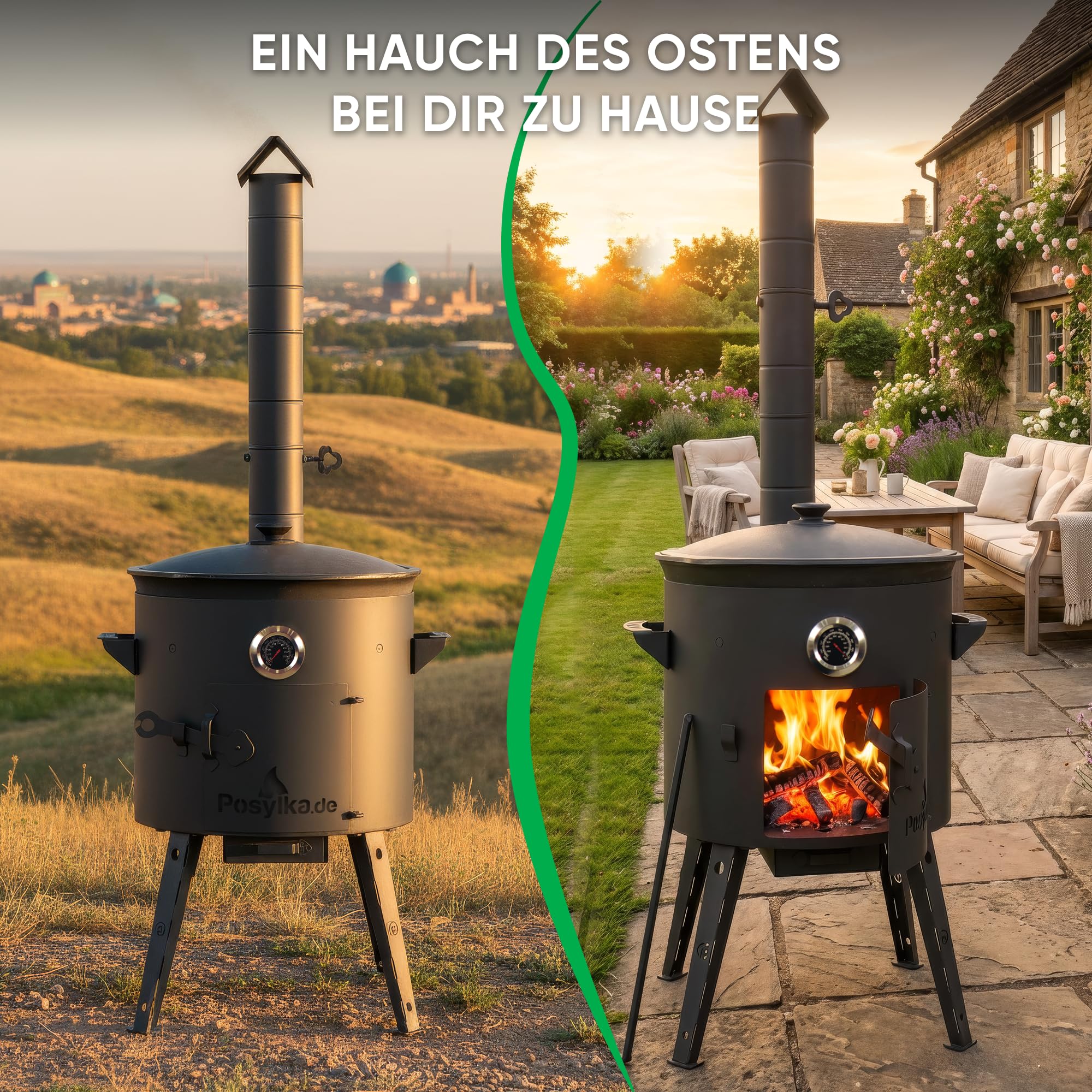 Utschak Feuerofen Ø 40 cm mit Thermometer & Gusseisen Topf 12 L, Ø 42,5 cm | Kazan-Set mit Deckel | Учаг Outdoor Feuerschale & Gulaschkanone | Usbekischer Kochtopf aus Gusseisen, Gartenküche