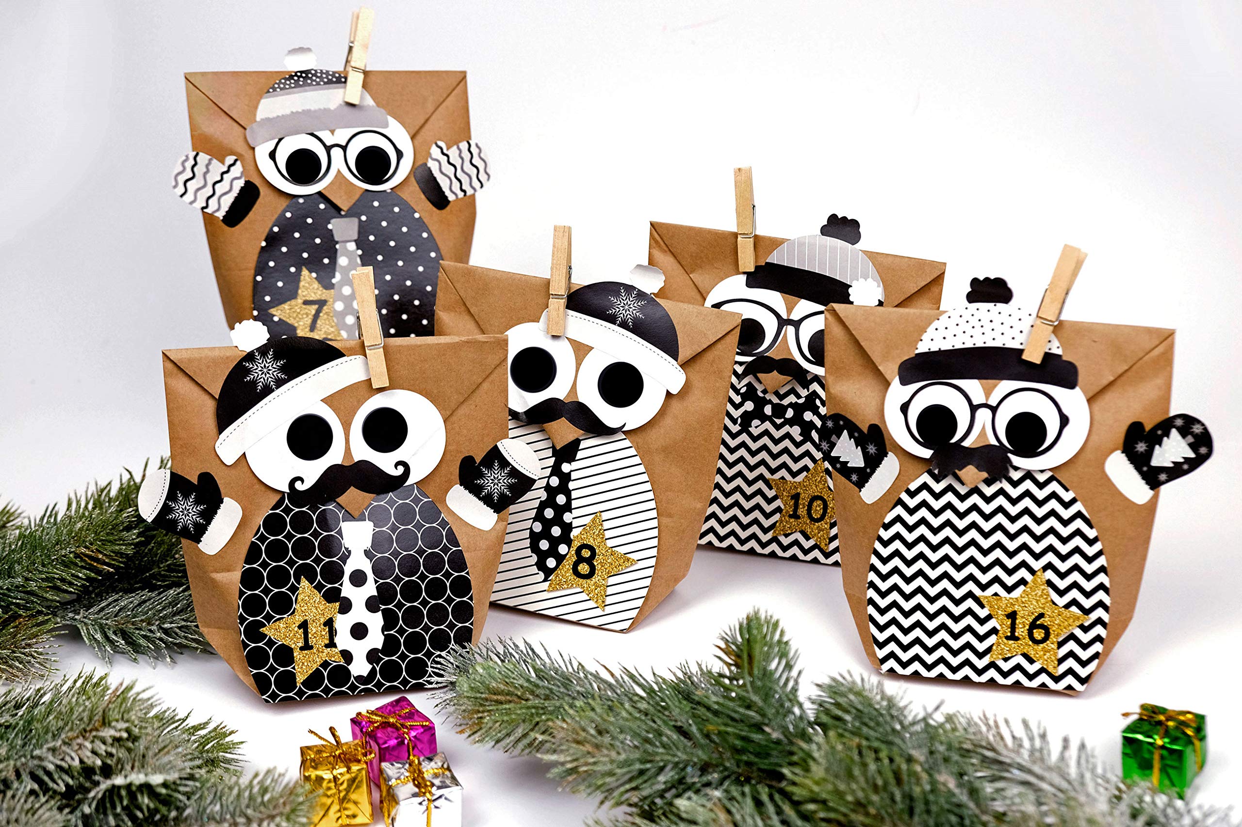 PaPIerDraCHeN Calendario Dell'Avvento Fai Da Te Con 24 Gufi Di Natale, Set Completo Con Adesivi E Sacchetti