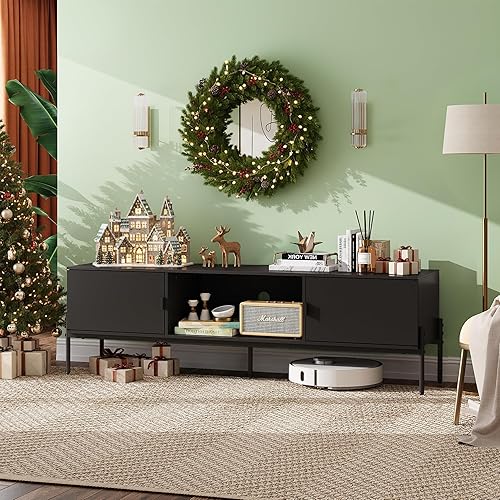 Miniatura 2 de WLIVE Soporte de TV para TV de 65 pulgadas, centro de entretenimiento moderno de mediados de siglo con 2 gabinetes de almacenamiento y estante