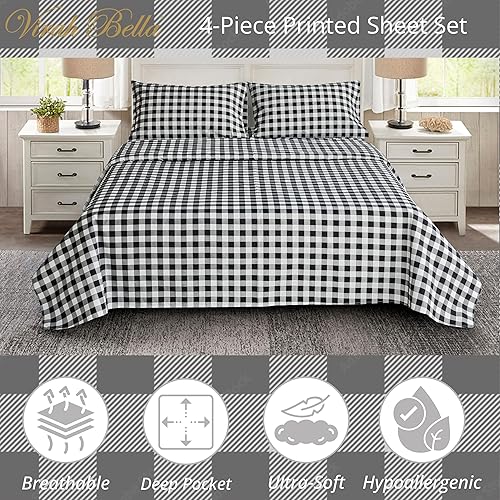 Miniatura 3 de Virah Bella Juego de sábanas de 4 piezas tamaño King, diseño a cuadros de búfalo blanco y negro, ropa de cama con temática de cabaña