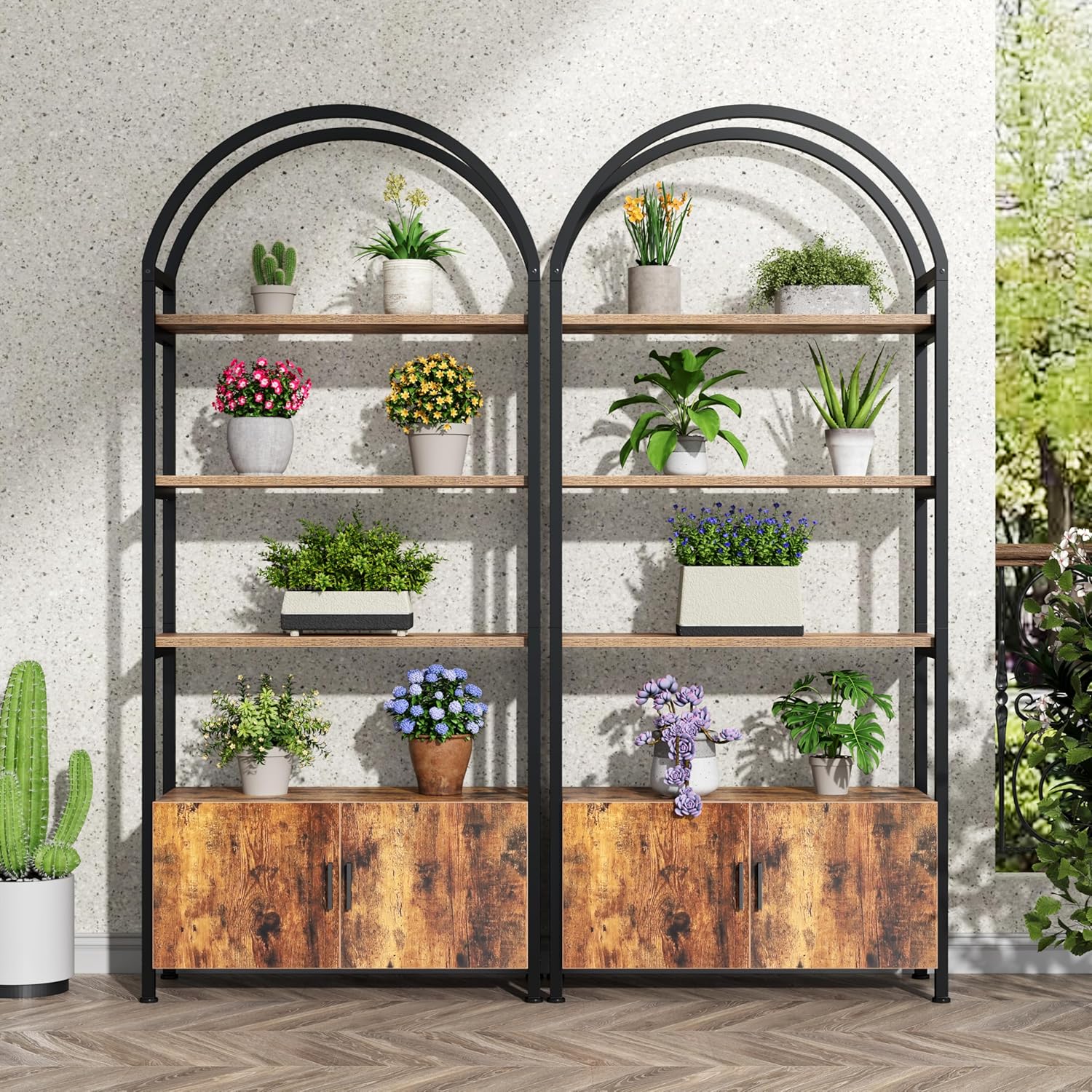 Semoic Arch Bookshelf with Drawer, 71" Industrial Bookcase with Sturdy Metal Frame, Freestanding Display Stand, Living Room, Home Office, Brown