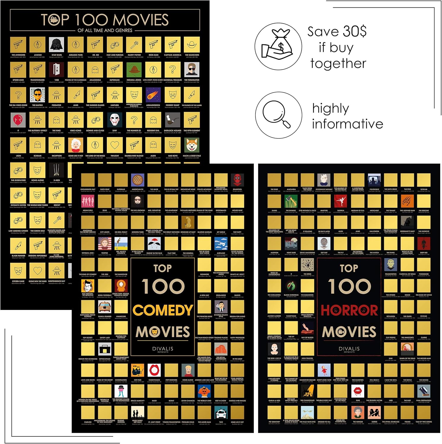 3 in 1 Gift Set - Top 100 Movies, Horrors, Comedy Scratch off Posters Bundle - Best Movies to Watch - Essential Cinema Checklist - Films of All Time Bucketlist - Ultimate Films Scratchable Poster - Image 7