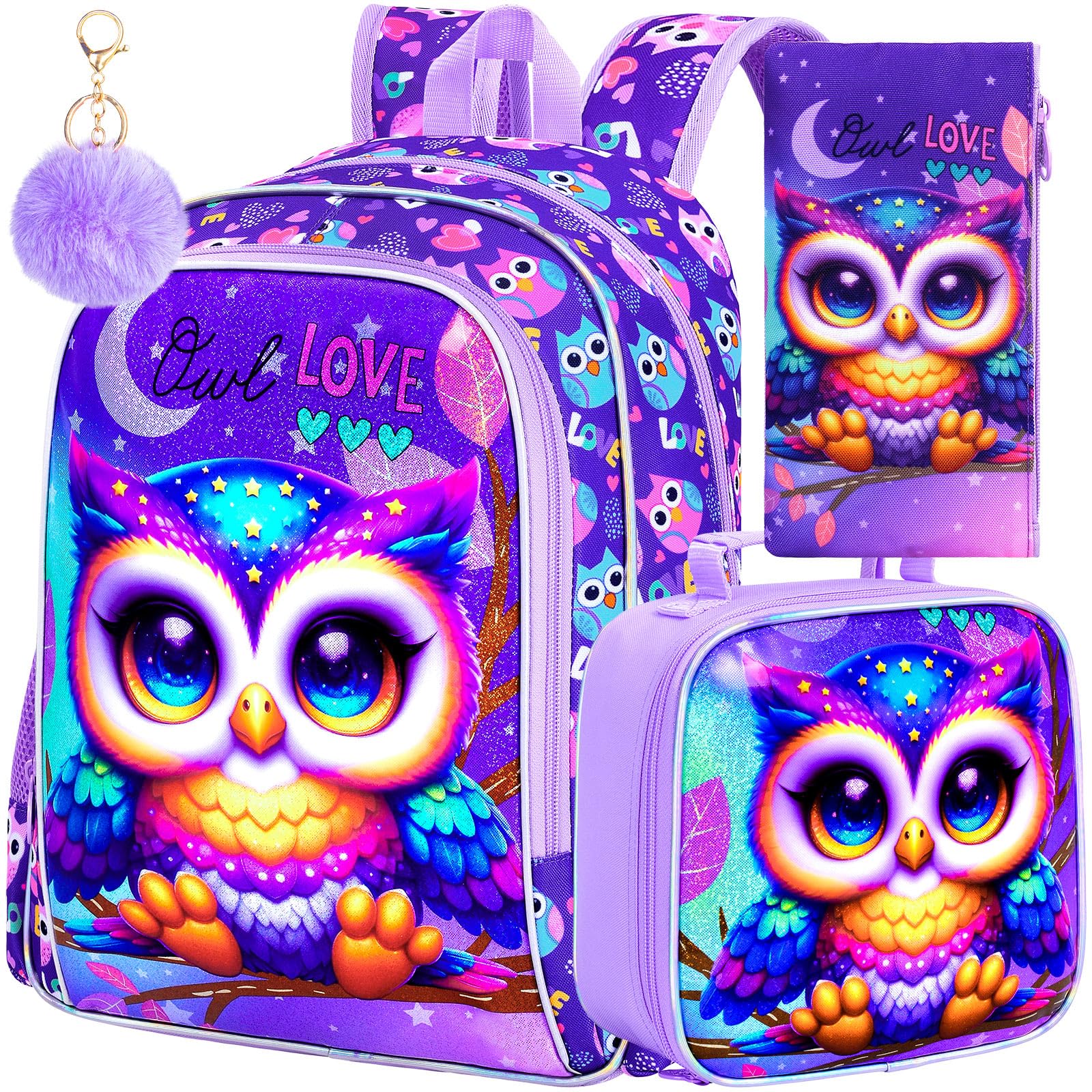WZLVO 3PCS Backpack for Girls, 16" Kids Owl Preschool Bookbag with Lunch Box，Cute Animal Water Resistant School Backpacks Set for Elementary