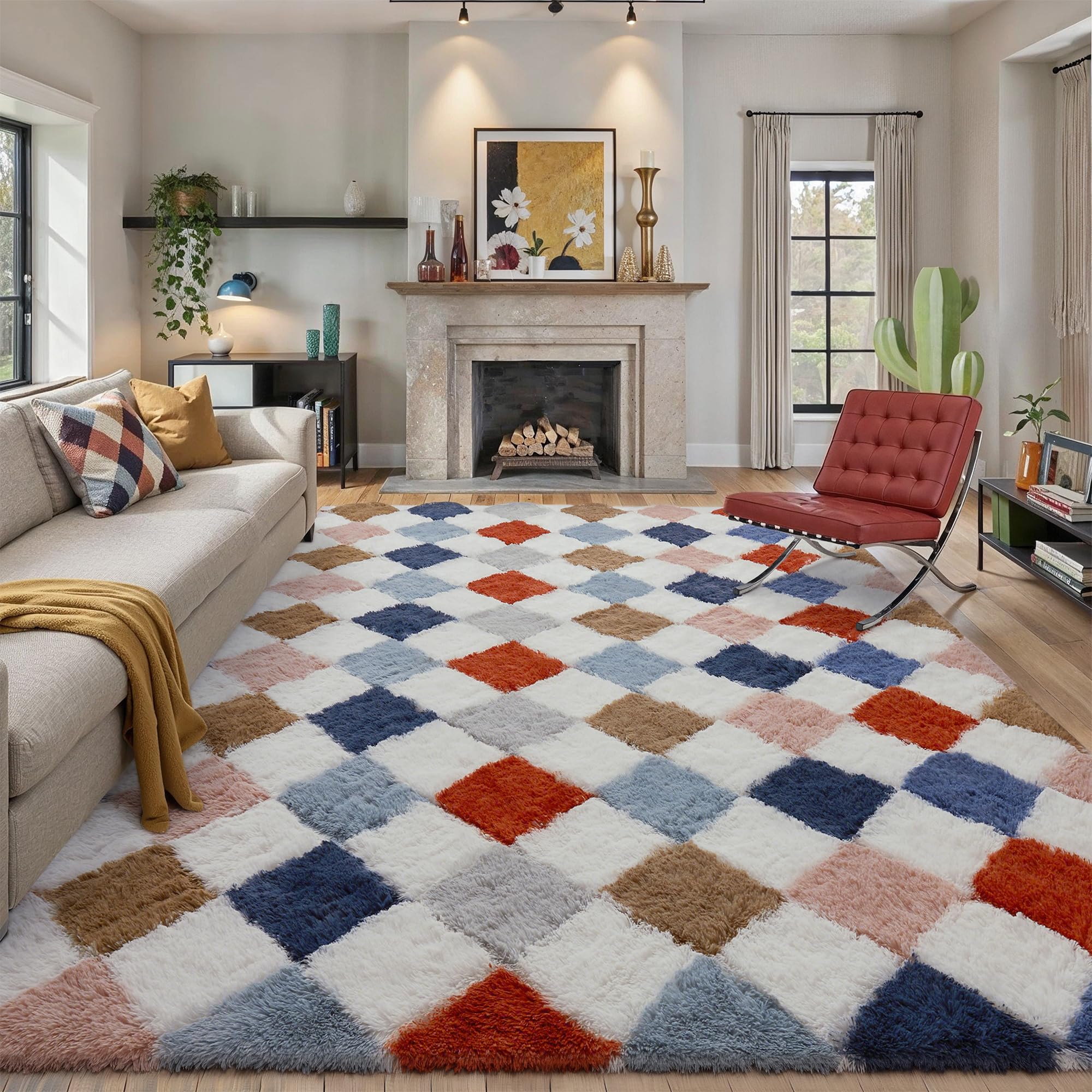 8x10 checkered rug for living room rainbow soft fluffy shag area rug bedroom modern plush high pile non slip fuzzy carpet for aesthetic home decor