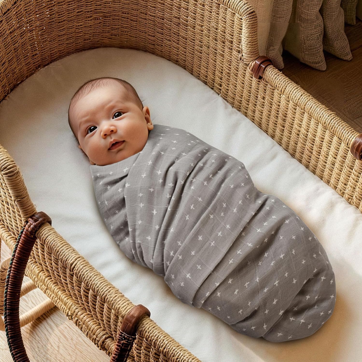 Muslin Swaddle Blankets for Newborn, 4 Pack Cotton Baby Blankets, Large 31.5 x 43.3 inch Breathable Soft Receiving Blanket, Essentials Swaddle Wrap Burping Clothes, Grey Animals