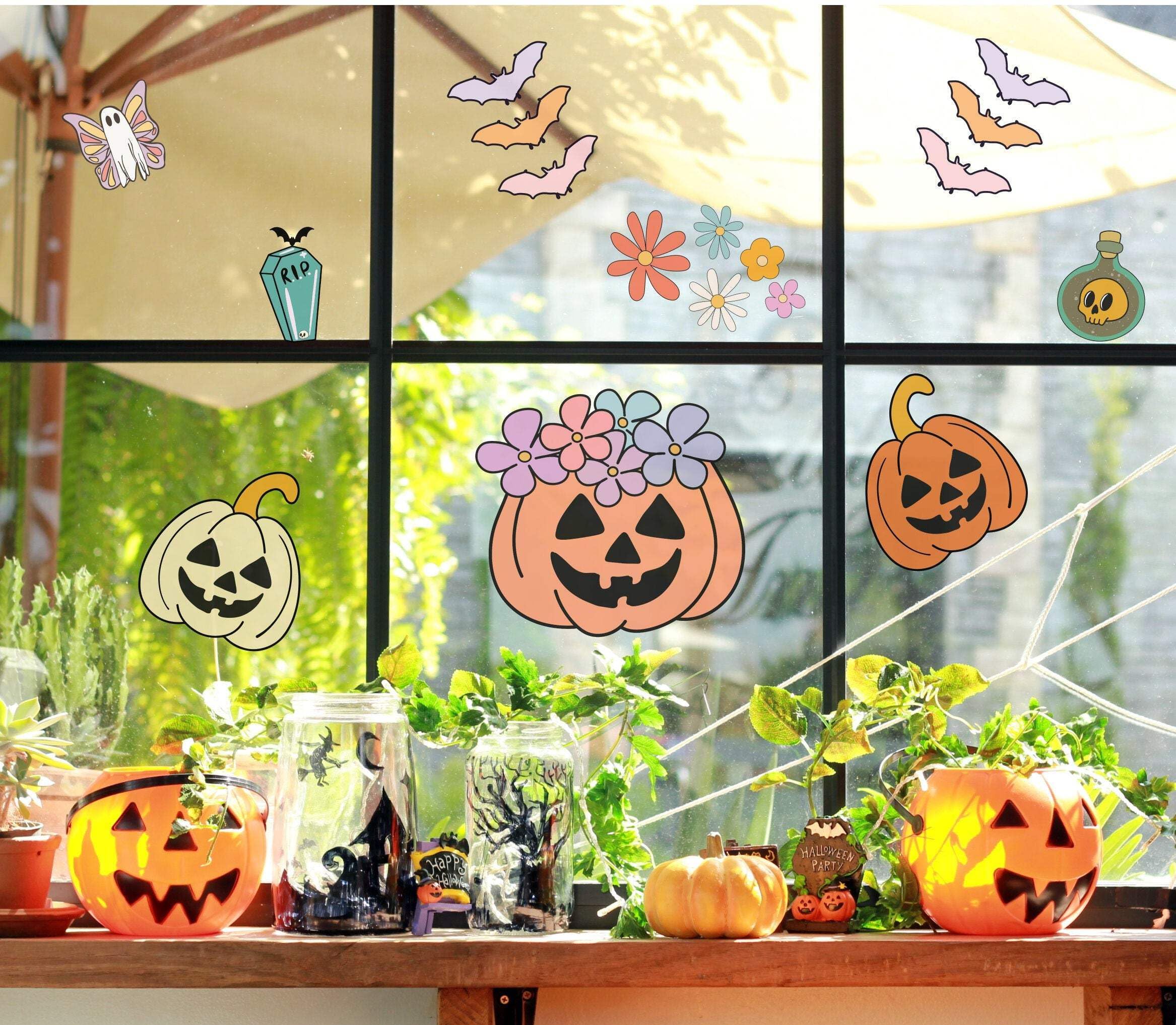 Quotemywall Orange, Black Retro Groovy Halloween Window Decorations Stickers, Pumpkin, Ghosts, Bats Mix Halloween Decor