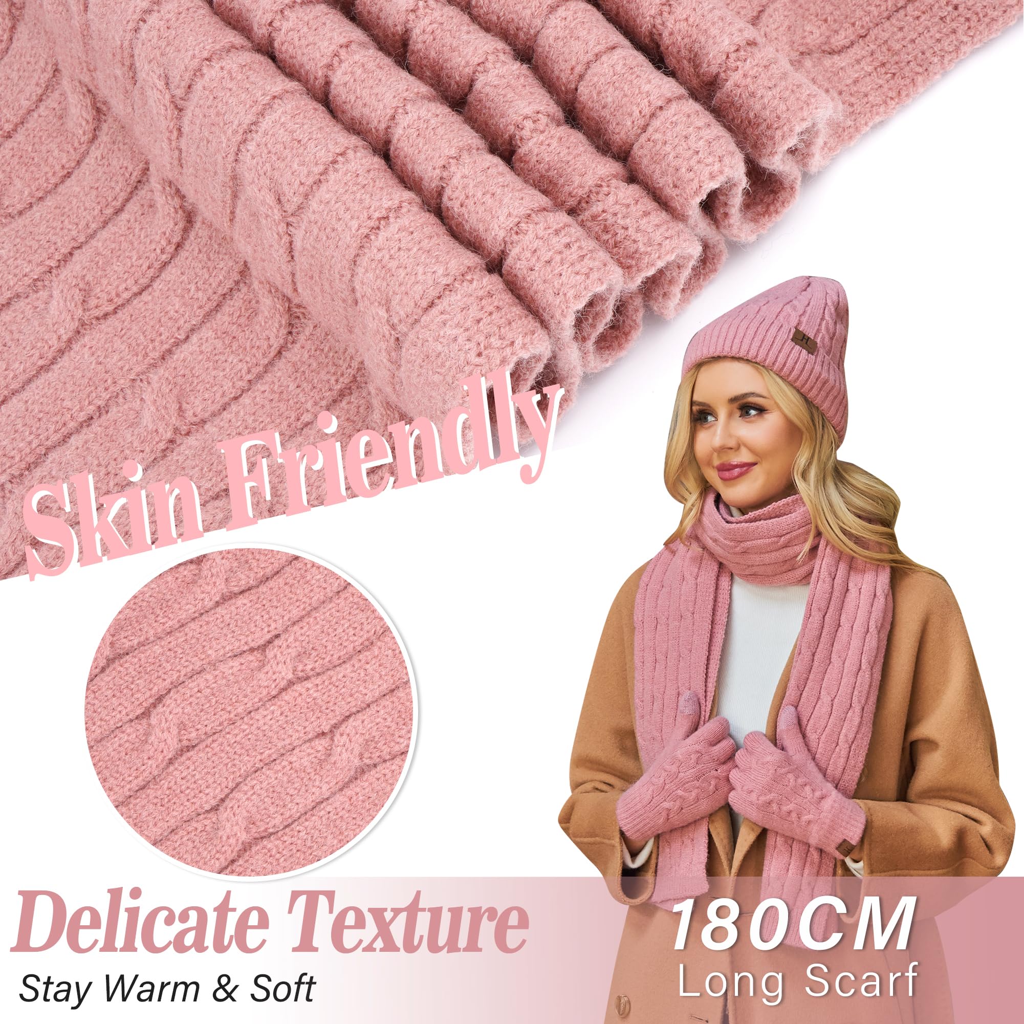 ZASFOU Zestaw zimowy - damska czapka, szalik, rękawiczki do ekranu dotykowego, termiczna, dzianinowa czapka beanie, szalik zimowy, rękawiczki zimowe, prezent dla kobiet, Rosa, jeden rozmiar