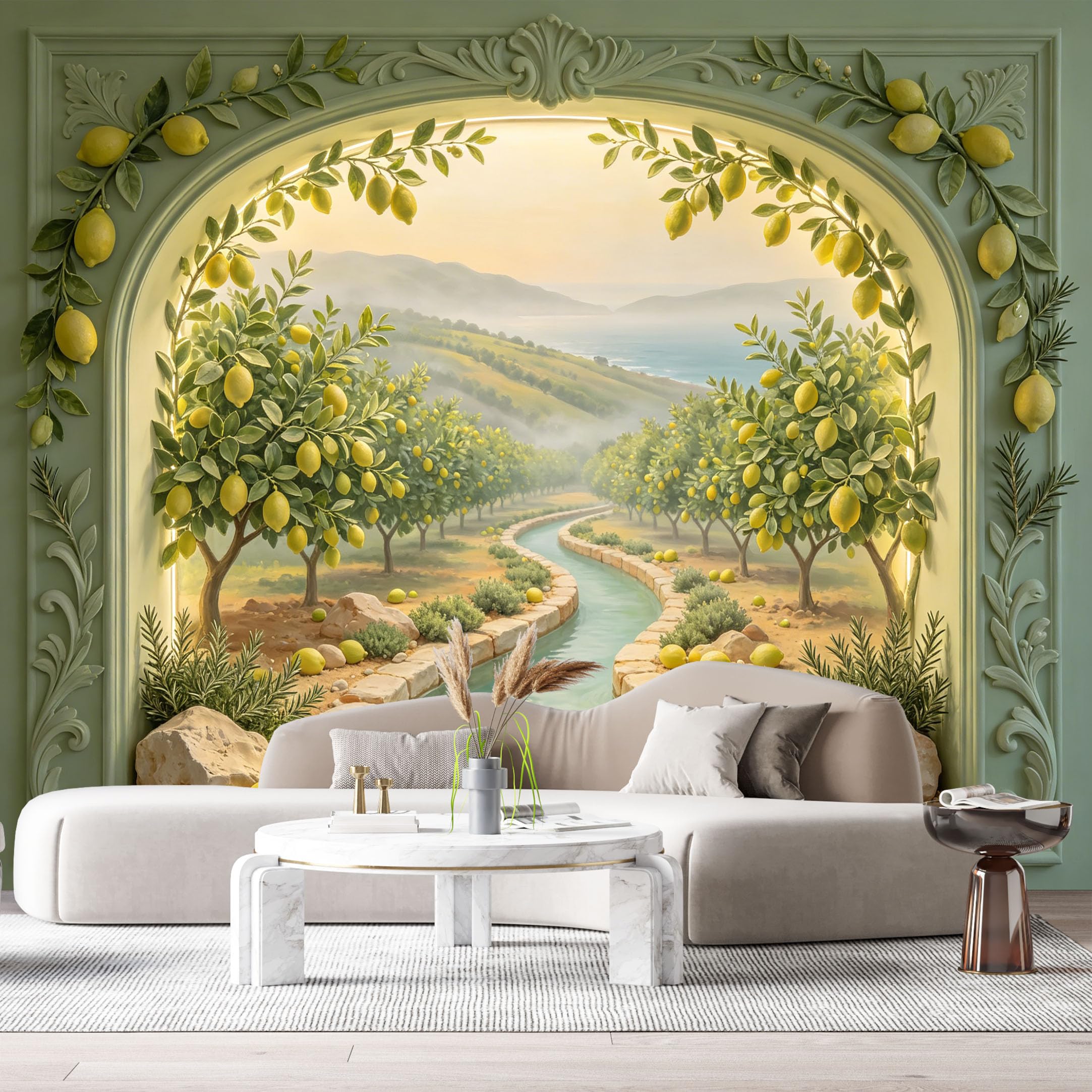 Custom Size Wall Murals Mediterranean Lemon Tree Coastal Landscape 3D Trompe L'Oeil SelfAdhesiveWall Fabric Removable Wallpaper Wall Decor for Living Room Bedroom Bathroom