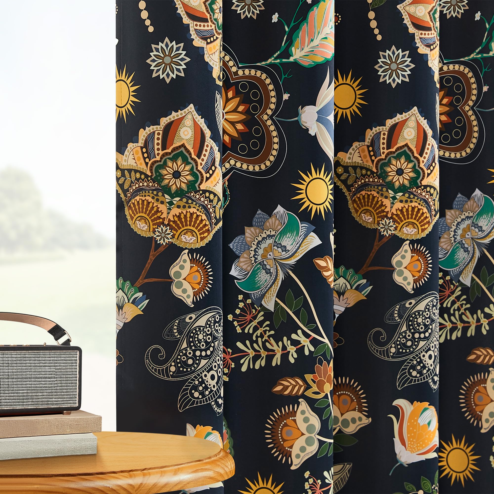 XiDi Dunkelblau Luxus-Pflanzen-Verdunkelungsgardinen 132x244cm Thermoisolierung Ösenbefestigung Retro-Großblumenmuster für Modernes Wohnen Navy Blue52/96