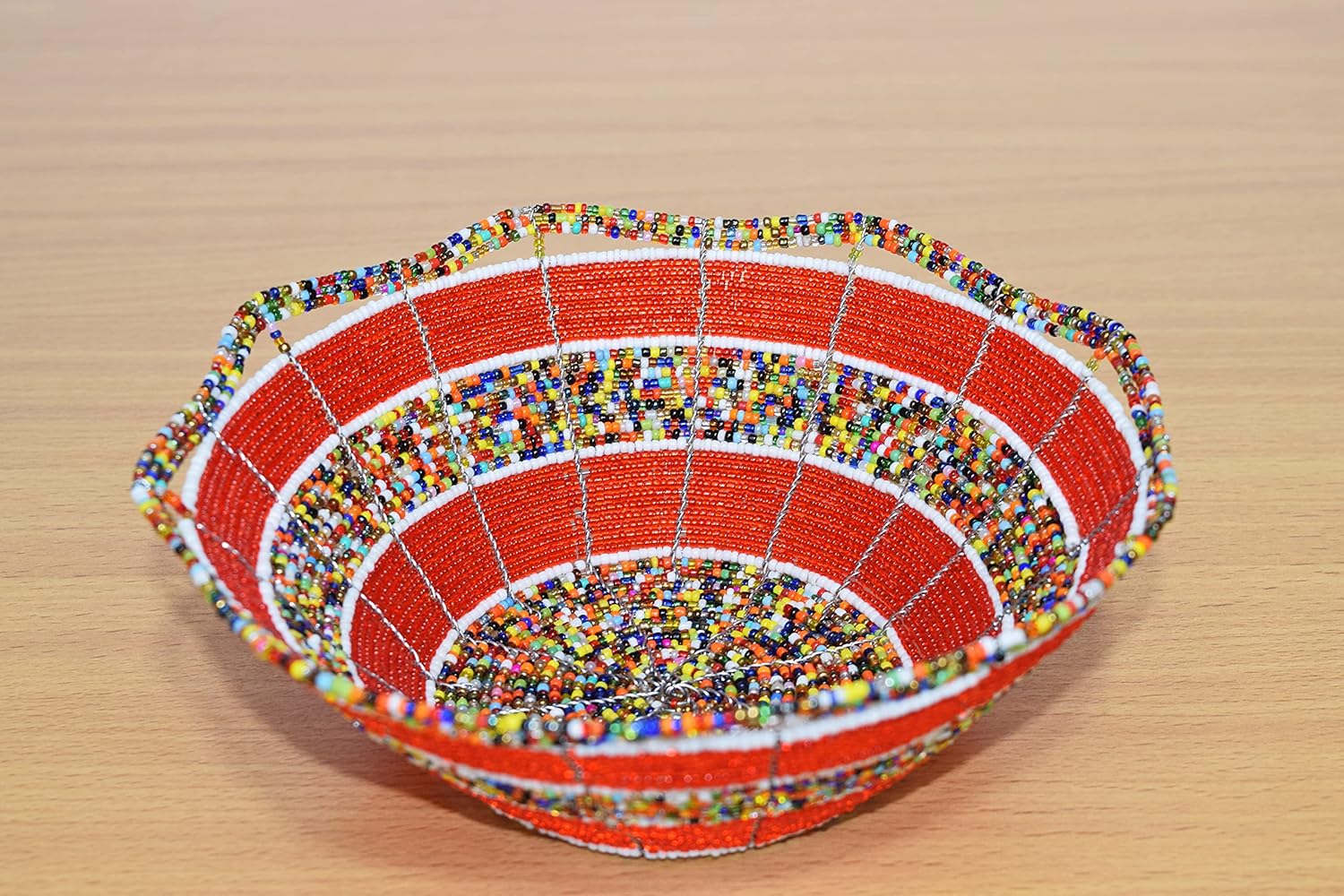 Handmade From Africa - Handmade Beaded Wire Bowl - 8 Inches Diameter - Jewelry Bowl - Multicolored, Red