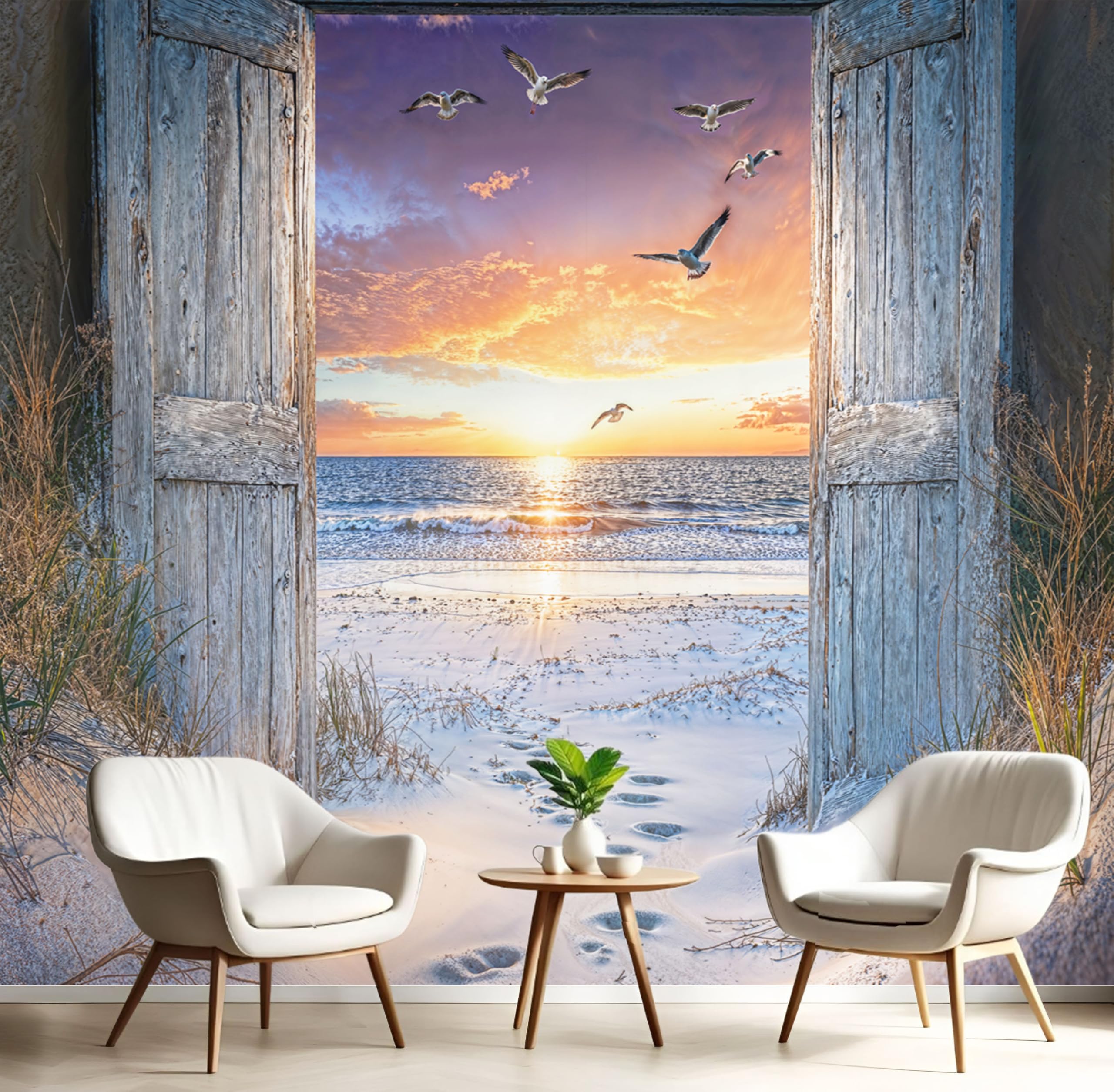 Papier peint panoramique 300x210cm avec porte en bois vintage et dunes de sable pour salon
