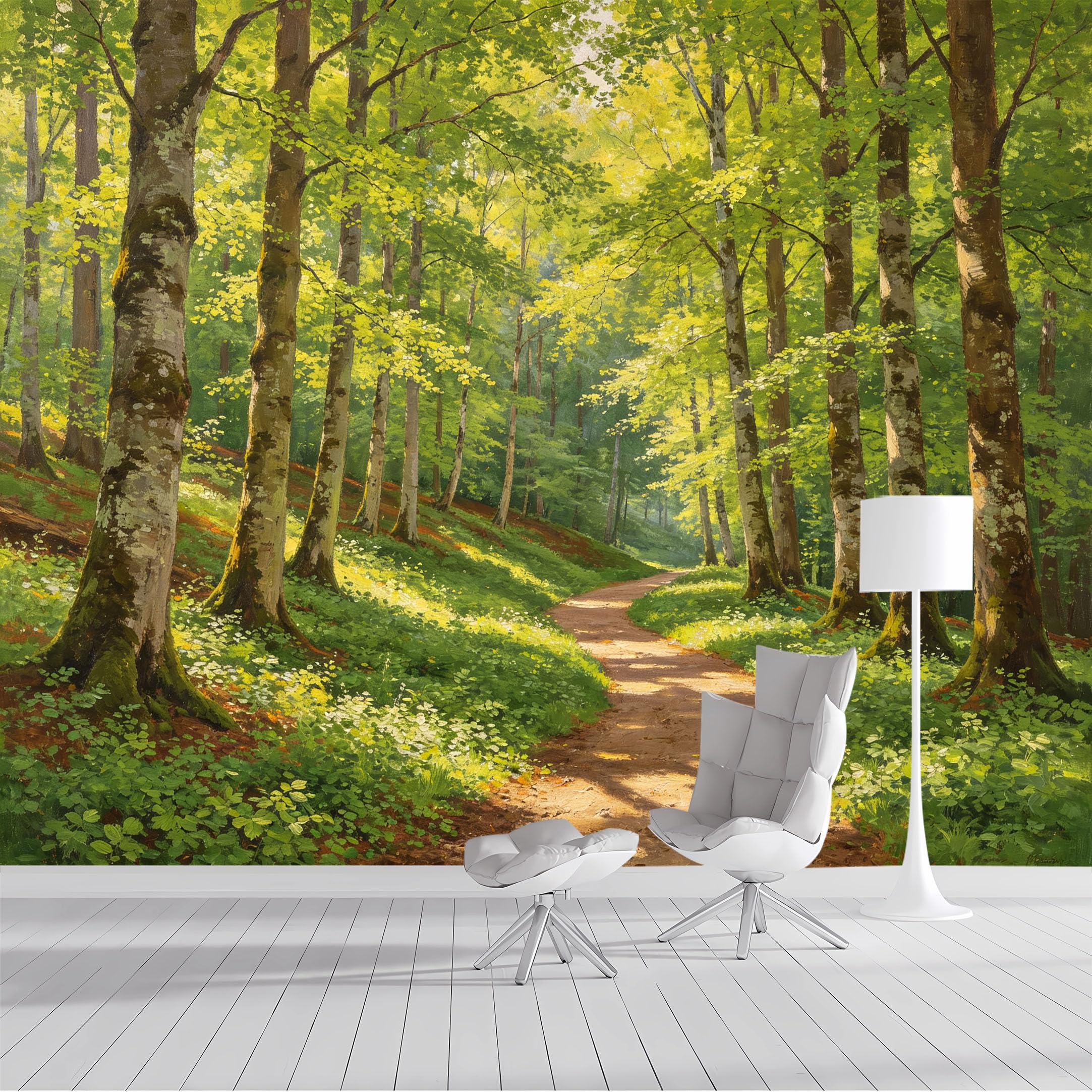 Yzpallescene Bh260711054 Custom Size Wall Mural Sunlit Forest Path Woodland Landscape Oil Painting Selfadhesive Wall Fabric Removable Peel And Stick Wallpaper Wall Decor For Living Room Bedroom Bathroom