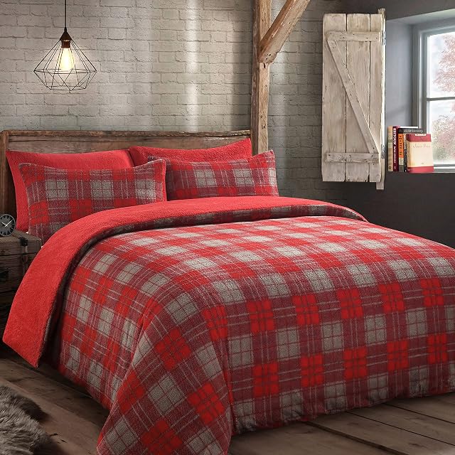 Velosso Teddy Cosy Printed Check Fleece Duvet Cover Quilt Bedding Set with Pillow Case Thermal Warm Fluffy Super Soft (Red, Single)