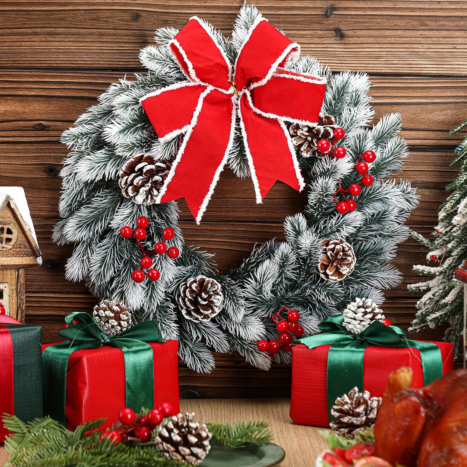 Giegxin 2 Pcs Christmas Lighted Wreath with Pinecones Red Berries Snowflake Decor and Large Red Bowknot Christmas Outdoor Wreath with LED Warm Lights for Xmas Winter Holidays Decoration (Elegant)