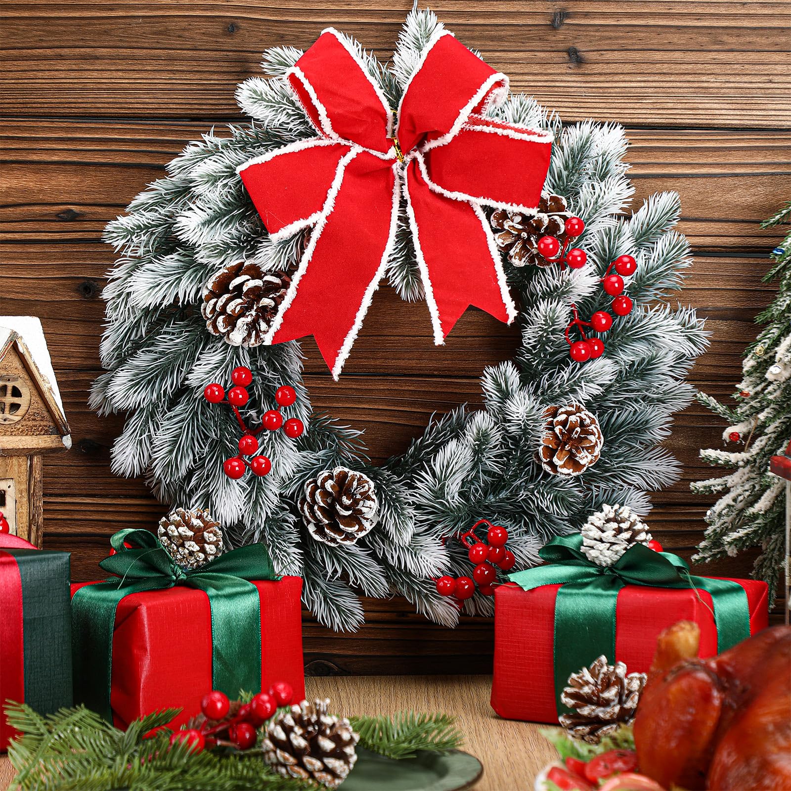 Corona iluminada de Navidad con piñas, bayas rojas y lazo rojo grande, corona de Navidad al aire libre con luces LED cálidas para decoración de Navidad, hogar, vacaciones de invierno (juego de 2)