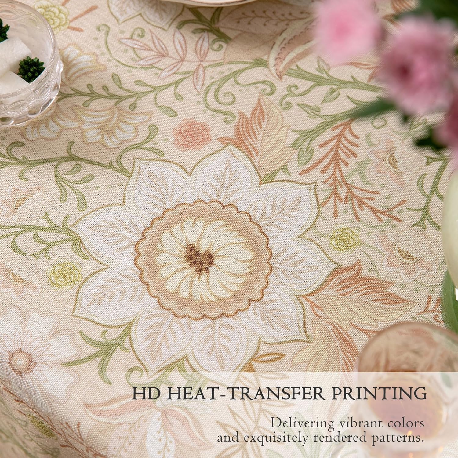 French Linen Tablecloth Rectangular, Vintage Floral Table Cloth, Waterproof Table Cover for Picnic Dining Party Wedding, Blossom Pink, 55x71'' - Image 8