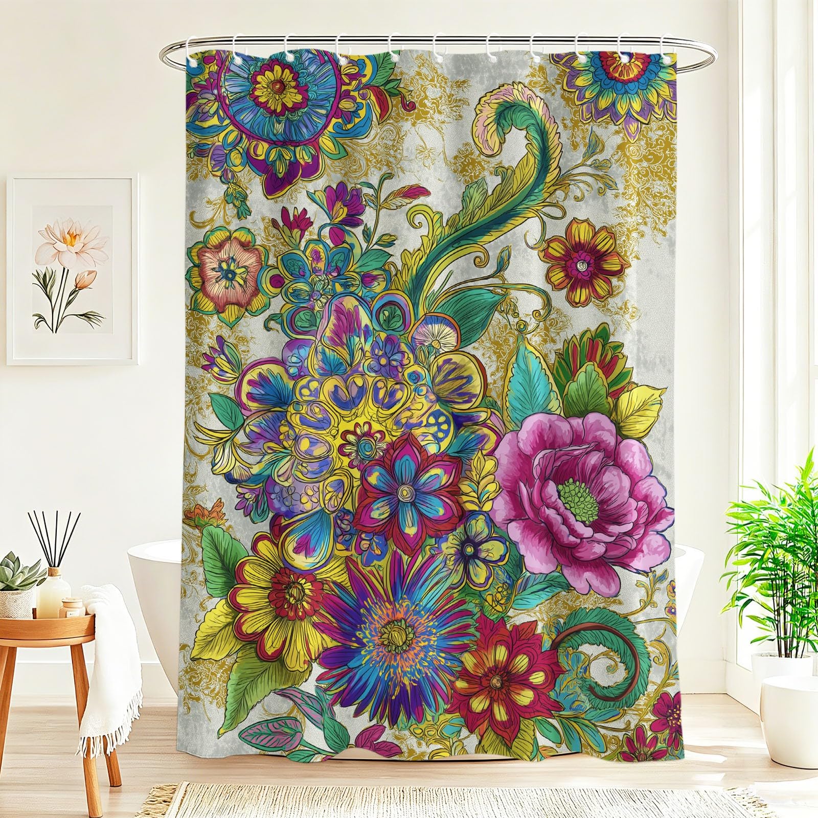 Générique Rideau Douche Luxueux Floral, Rideau de Douche 180 x 200 cm Anti Moisissure Tissu Lavable Romantique Pivoine Liane Rideaux Salle de Bain Baignoire avec Crochets, Vert