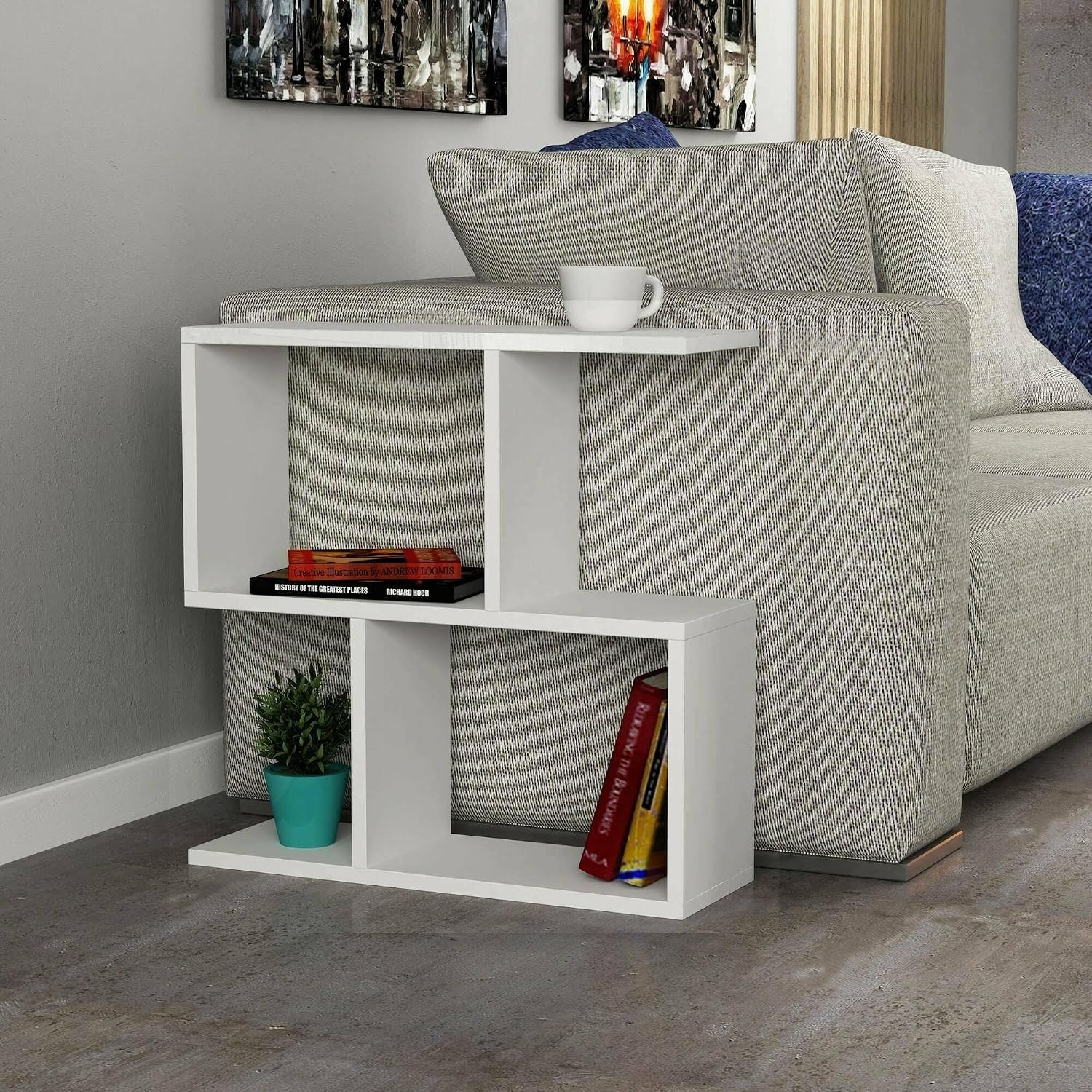Dmora - Tavolino da Salotto Polyh, Tavolo Basso da caffè, Portariviste per Divano, Ripiano da Soggiorno, 60x20h60 cm, Bianco