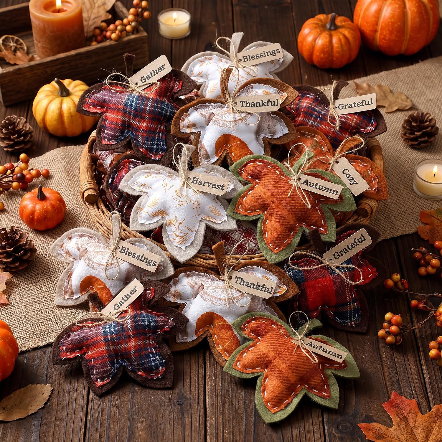 Gemscream 12 Pcs Fall Vintage Fabric Hanging Ornaments Maple Leaf Bowl Filler Stuffed Tiered Tray Pillows Autumn Thankful Gather Harvest Thanksgiving Decor for Farmhouse Tree Table Mantle DIY Craft