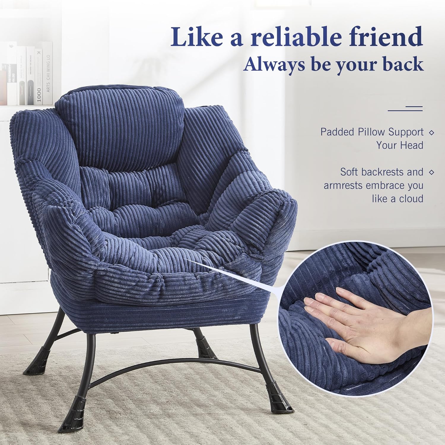 HOMEFUN Lazy Chair with Ottoman Bedroom Chairs for Adults Modern Lounge Accent Chair with Armrests, Ergonomic Footrest for Small Spaces, Comfy Reading Chair for Living Room, Bedroom, Office Navy