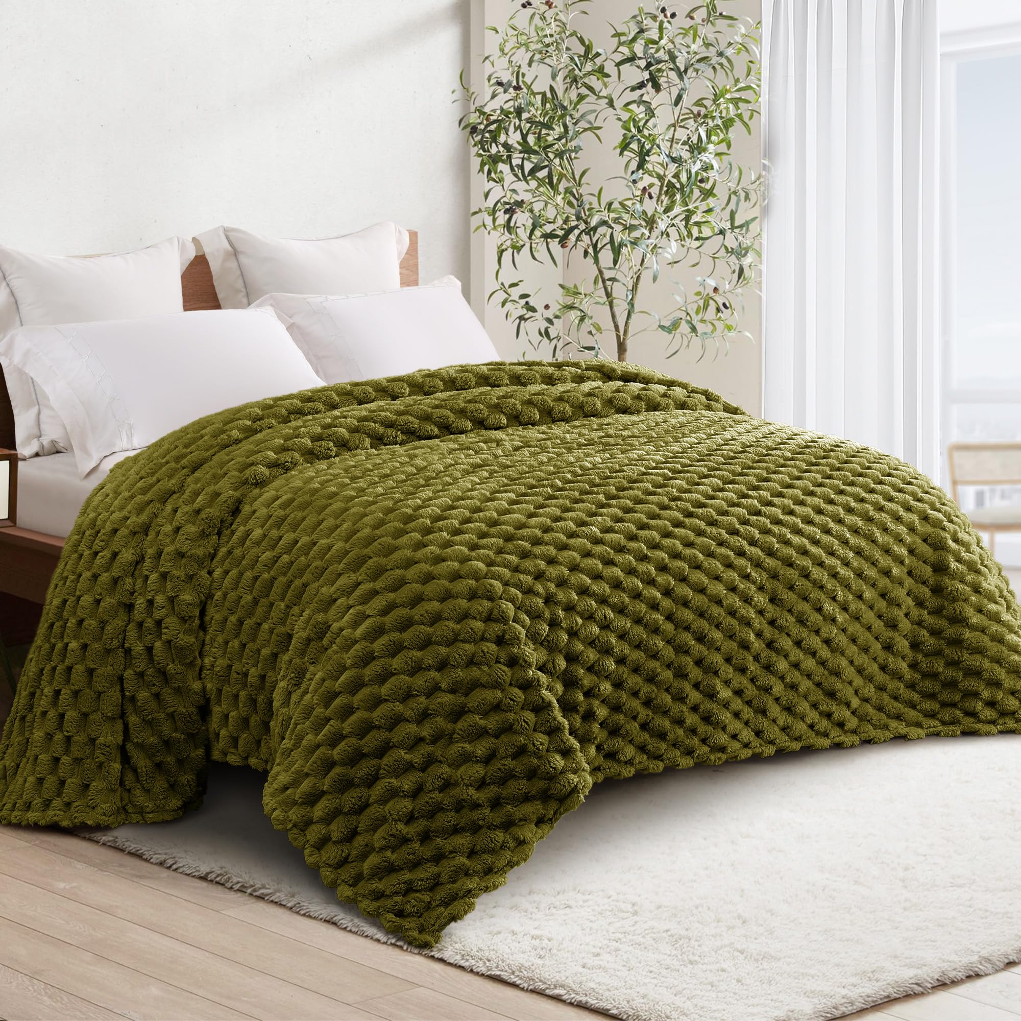 Whale Flotilla Queen Size Blanket for Bed with Jacquard Pattern, Fuzzy Soft Cozy Exquisite Blankets for All Season, Warm and Fluffy, 90x90 Inch, Olive