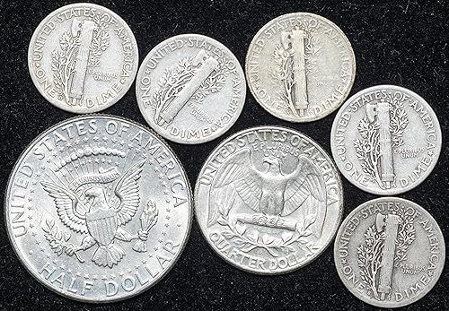 Miniatura 2 de 1900 PDS Era 90% Silver Coin Lot Kennedy Half, Washington Quarter, 5 Mercury Dimes 12 US Mint VG and Better