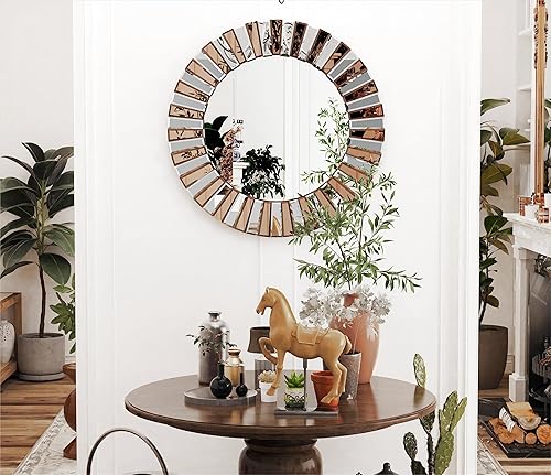 Miniatura 2 de Espejo de pared redondo decorativo con borde de cristal marrón plateado y plateado, 24 pulgadas