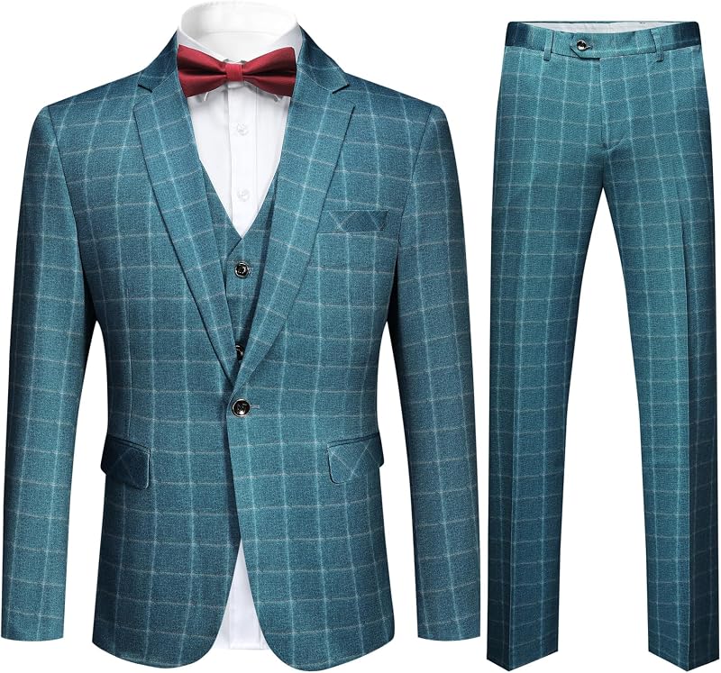 Cloudstyle Conjunto de pantalones, campera, chaleco y campera de traje de 3 piezas con ajuste moderno a cuadros para hombre | Las capas coordinadas apoyan graduaciones, bodas, bailes de zapatillas, fotos de fiestas y celebraciones elegantes sin reclamos de tamaño.