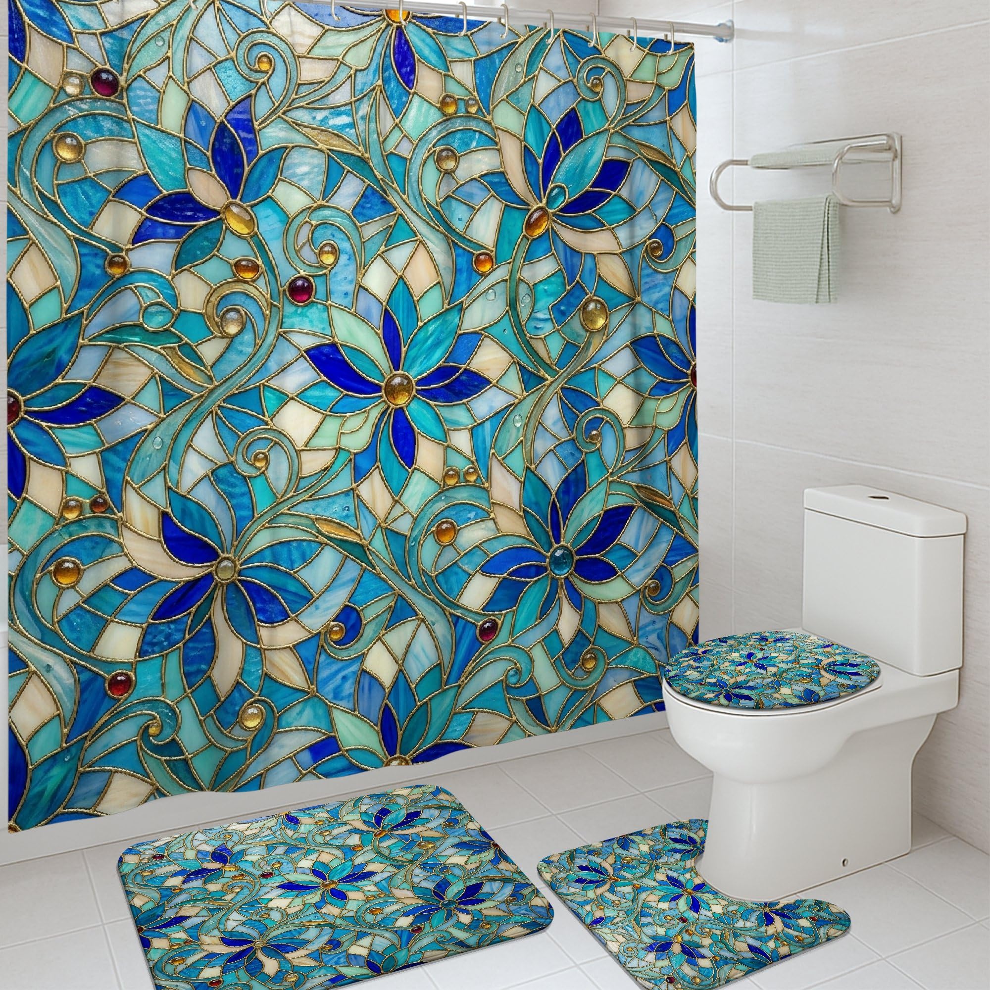 Rideau de douche bleu 183x183 cm avec tapis de bain lavable et crochets