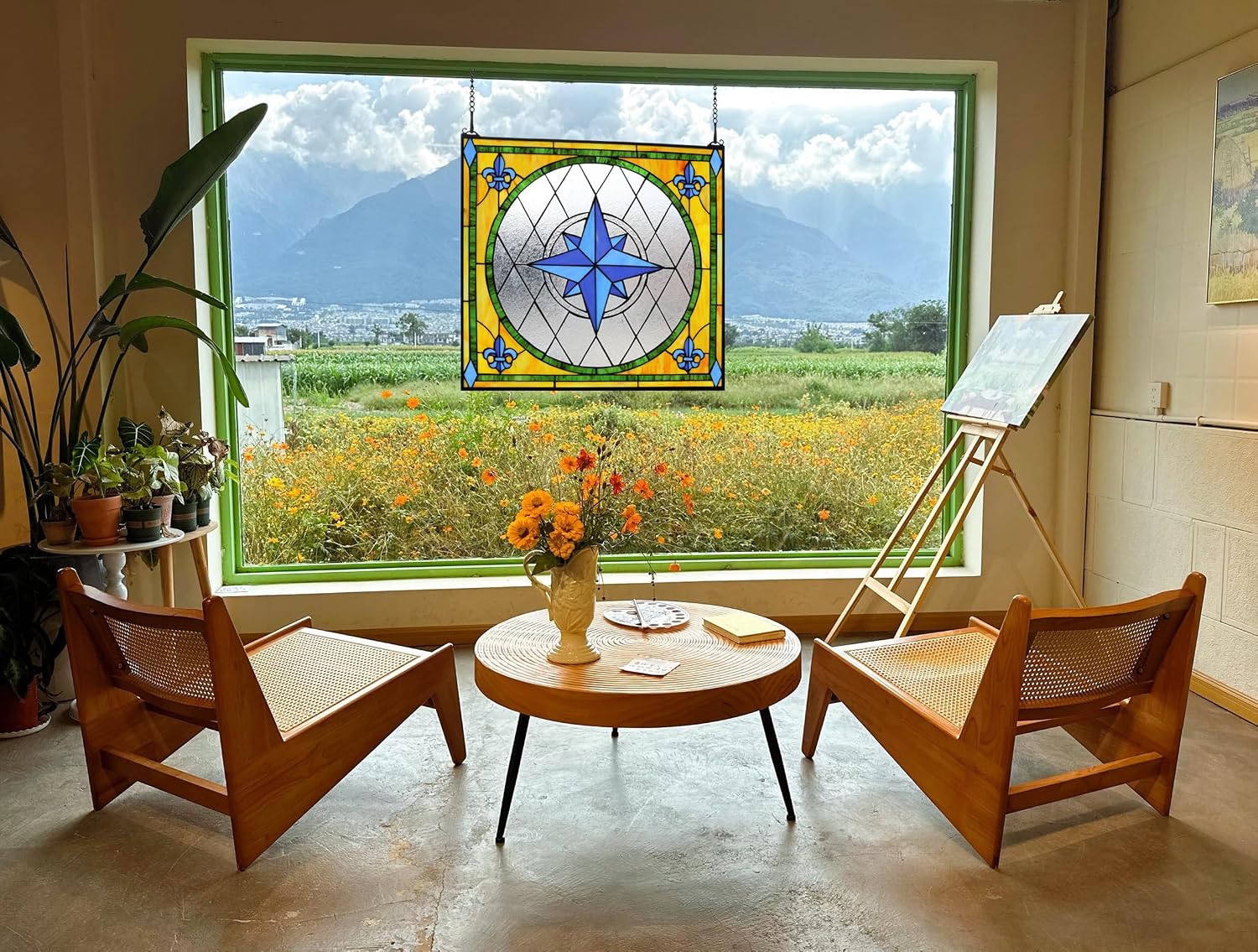 28"×26" Blue Flower Stained Glass Window Hanging,100% Real Stained Glass Panel for Home Decor（YLK007）
