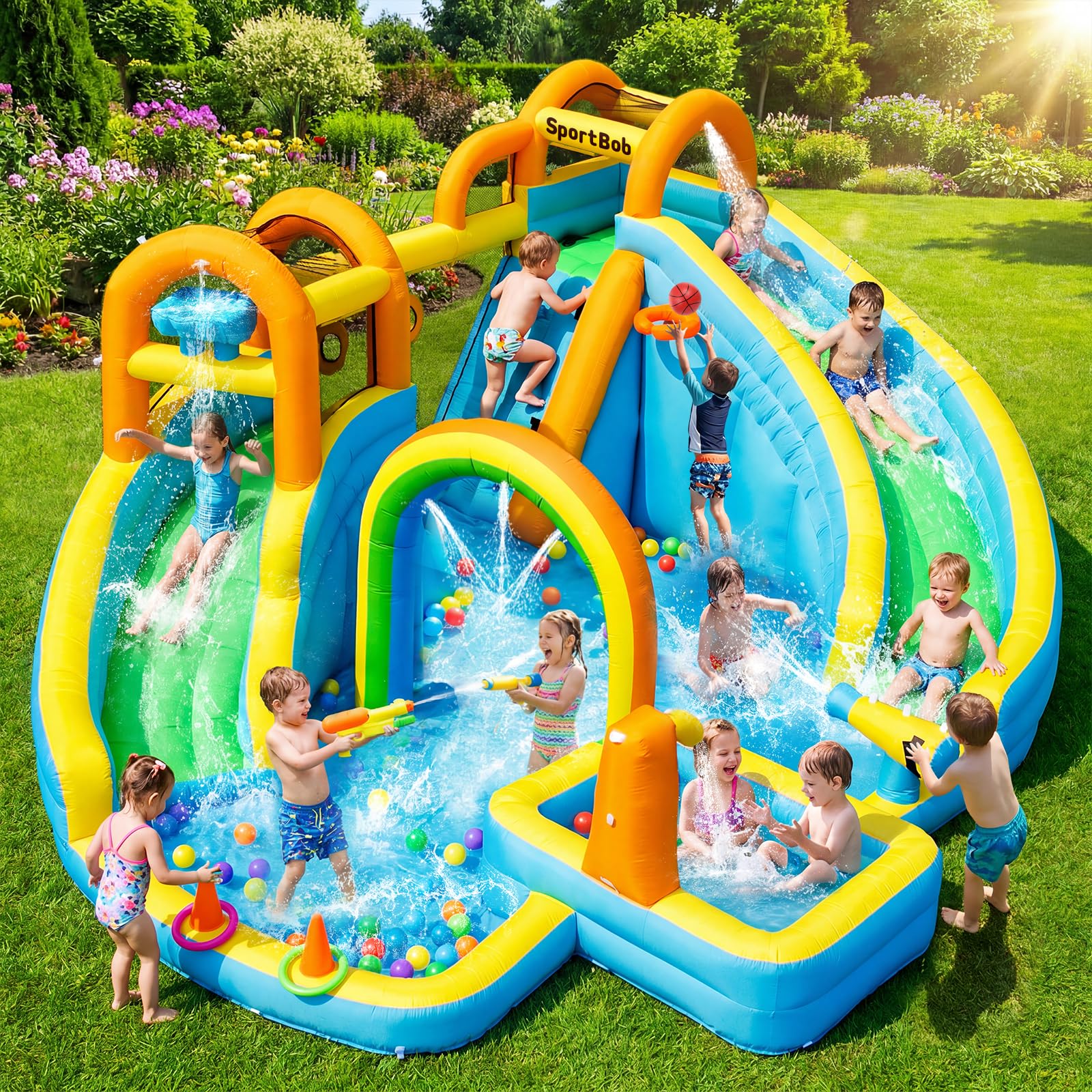 Gonfiabile per Bambini, Casa Rimbalzante con 2 Scivoli per Bambini, Parco Gonfiabile con Piscina, Area per il Tiro con Palline e Cannone d'Acqua per Giardino, Esterno e Interno
