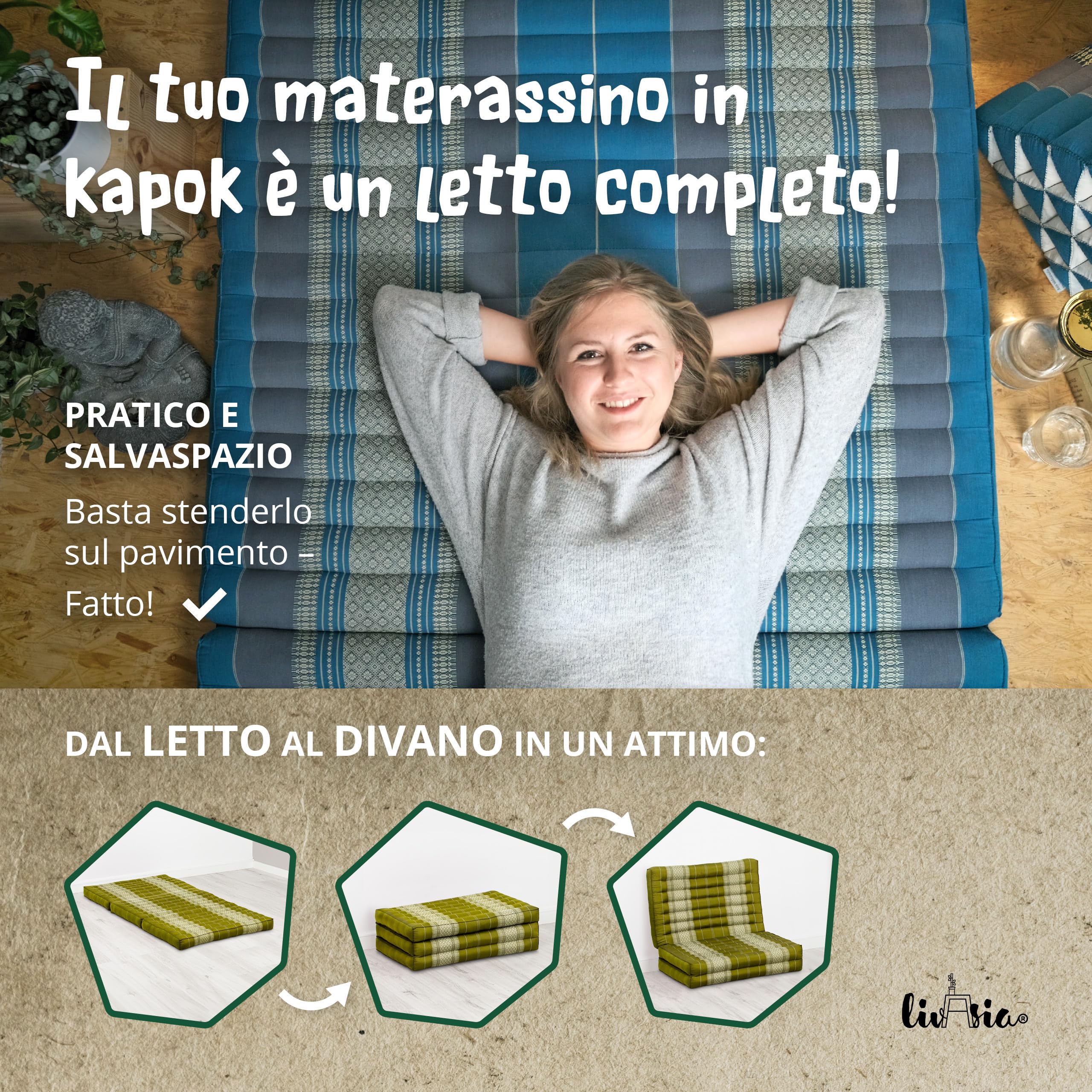 livasia materasso sostenibile in kapok - 140x70x8cm - materasso pieghevole, materassino da campeggio, tappetino yoga ecologico, lettino per giardino e balcone (Verde)