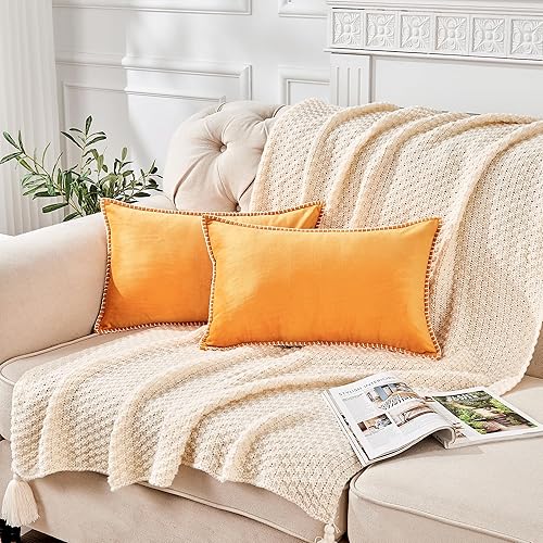 Miniatura 7 de Juego de 2 fundas de almohada cuadradas de terciopelo decorativas de 20 x 20 pulgadas con borde de felpilla, fundas de cojín suaves para casa rural,