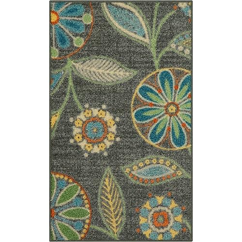 Maples Rugs Reggie Floral Kitchen Rug - Made in USA - Washable, Non Slip Indoor Carpet for Entryway, Foyer, Kitchen, and Bathroom, 1'8 x 2'10, Dark Grey